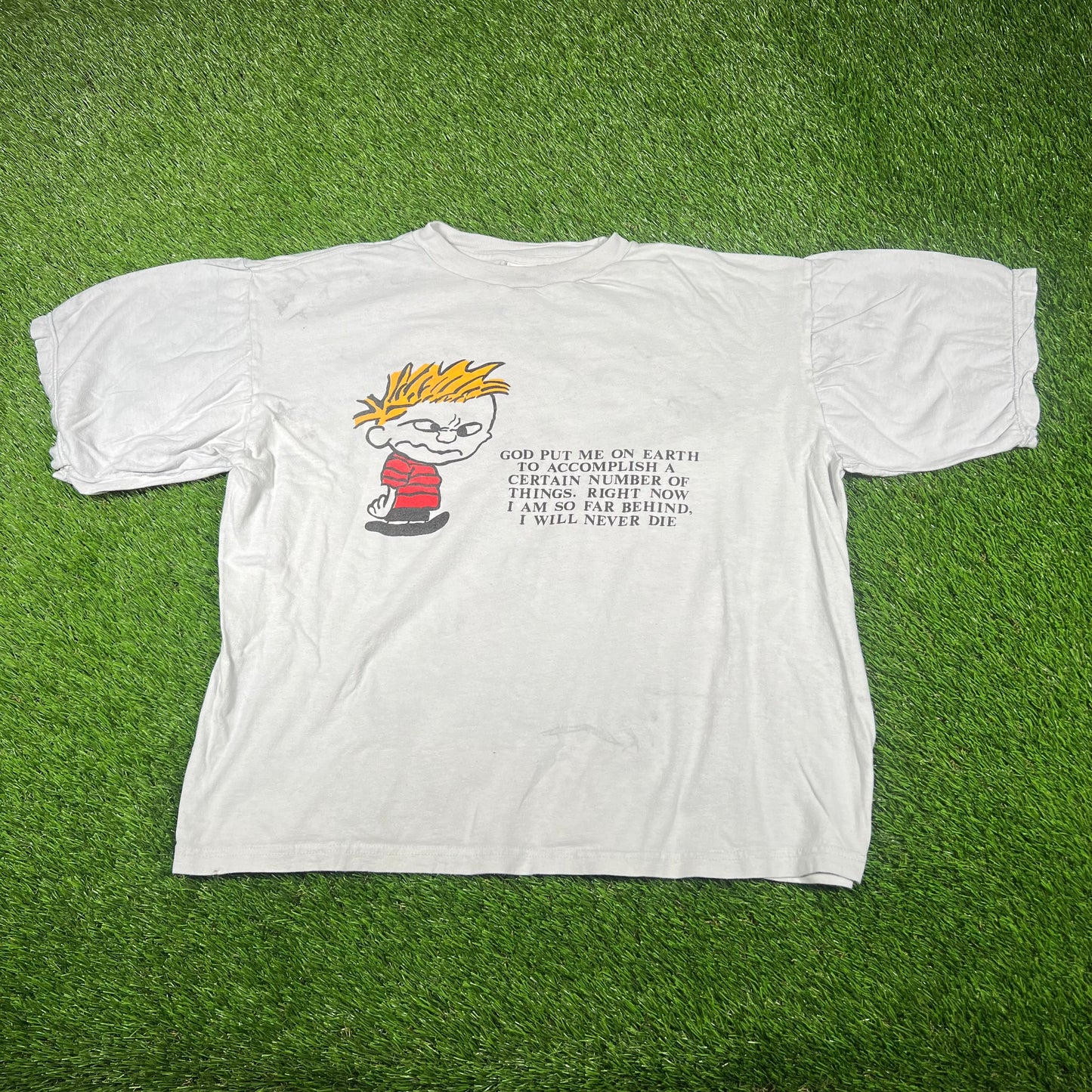 1990s Calvin and Hobbes Light Blue Quote Tee Size Large USED v16522