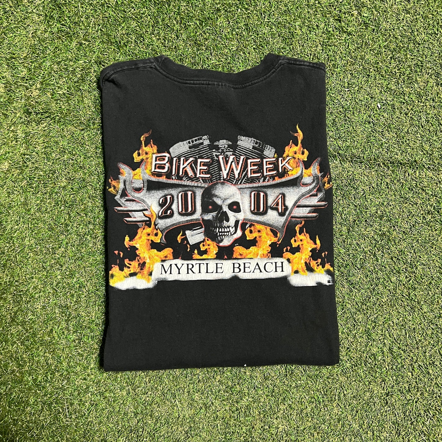 2004 Bike Week Myrtle Beach Skull & Flames Black Tee Size XL USED v16279