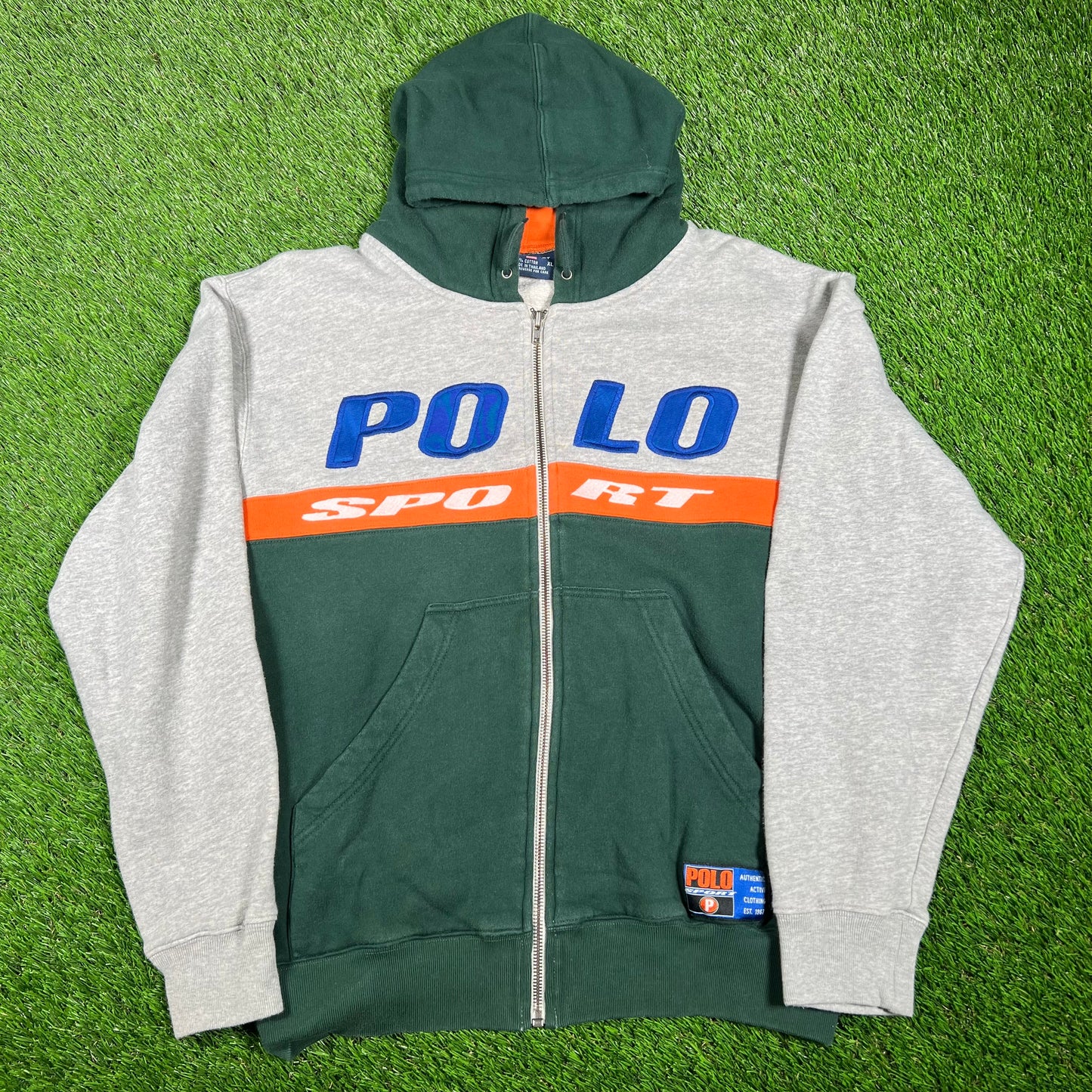 Y2K Polo Sport Grey/Green Hoodie Size XL USED v16850