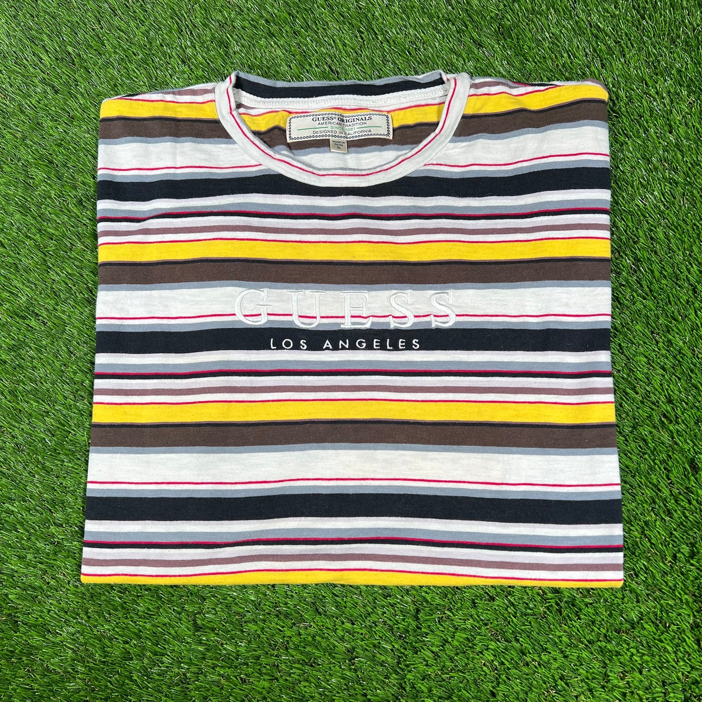 Guess LA Multi Color Yellow/Brown Stripe Tee Size XL USED v16680