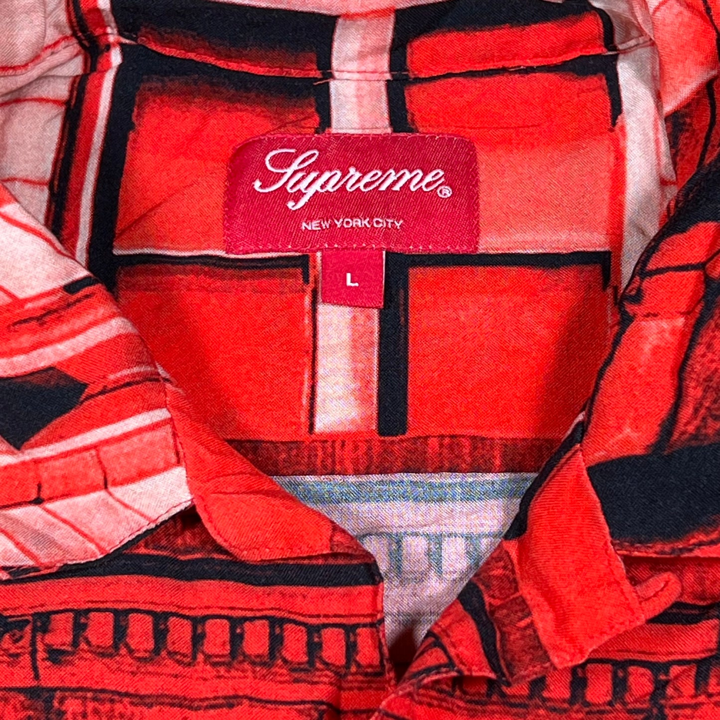 Supreme Bowery Rayon 2021 Red Button Up Shirt Size Large USED x14354