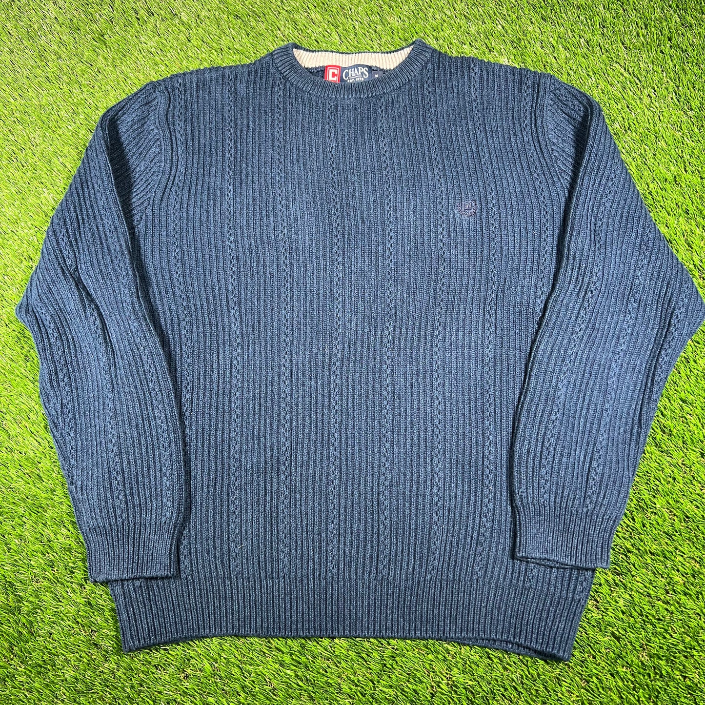 Chaps Small Logo Plain Navy Knit Crewneck Size Medium USED v16806