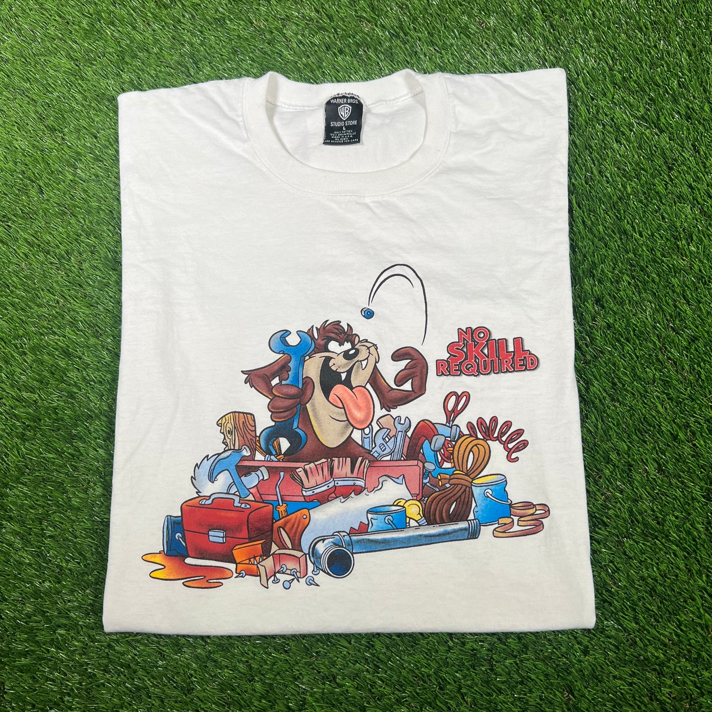 1996 Taz "No Skill Required" White Cartoon Tee Size Large USED v17069