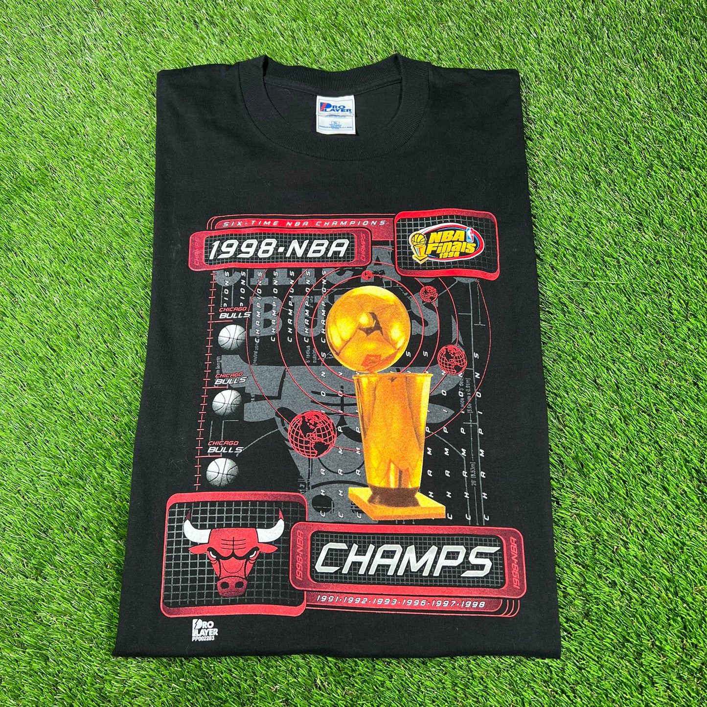 1998 Chicago Bulls NBA Finals Six Time Champs Black Tee Size XL USED v16723