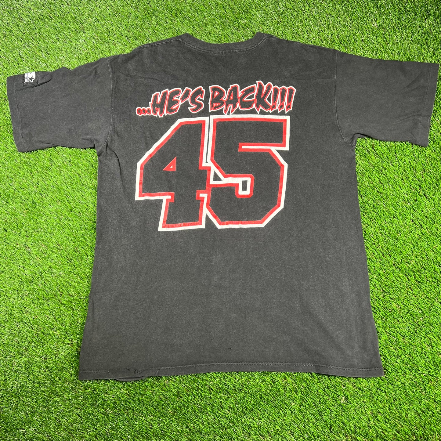 1990s Michael Jordan Hes Back 45 Black Starter Tee Size Large USED v16719