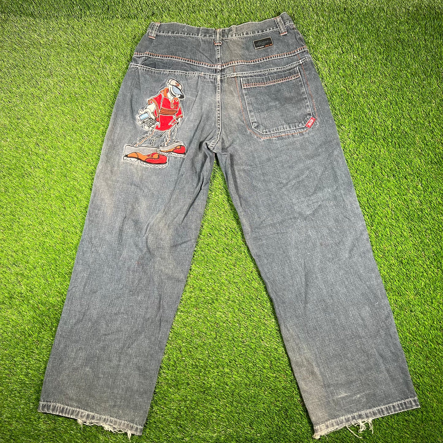 Y2K Paco Sports Embroidered Patched Grey Jean Size 34x32 USED v17021