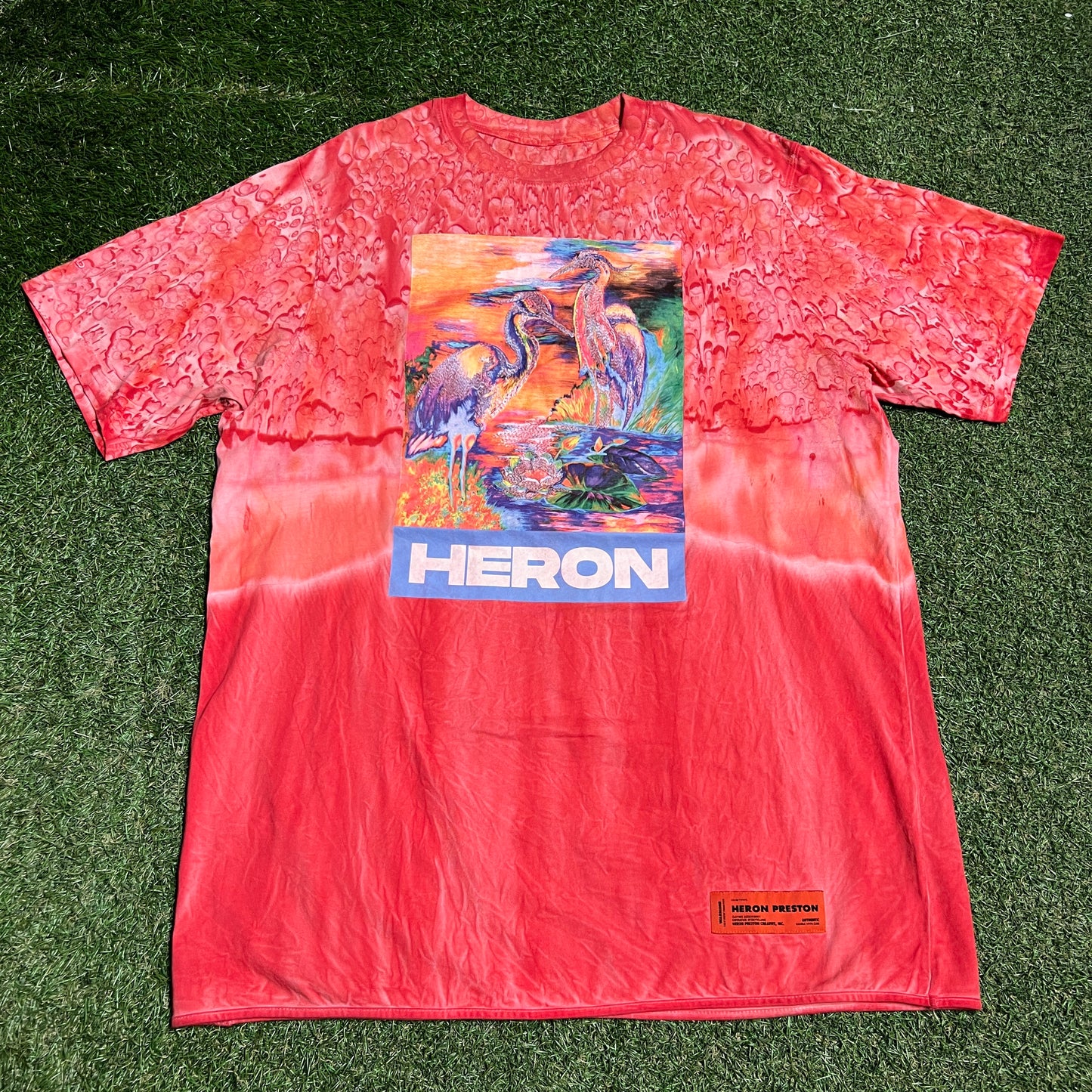 Heron Preston Emproidered Birds Red Tie Dye Tee Size Large USED x14021