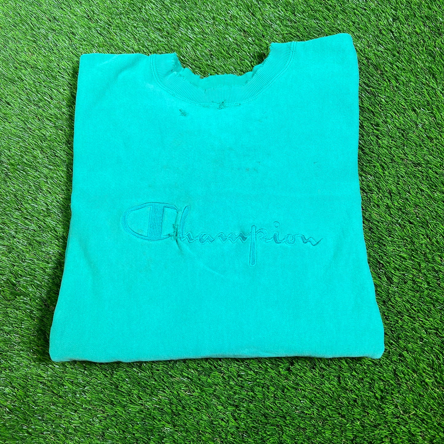 1990s Champion Teal Trashed Crewneck Size Large USED v16529