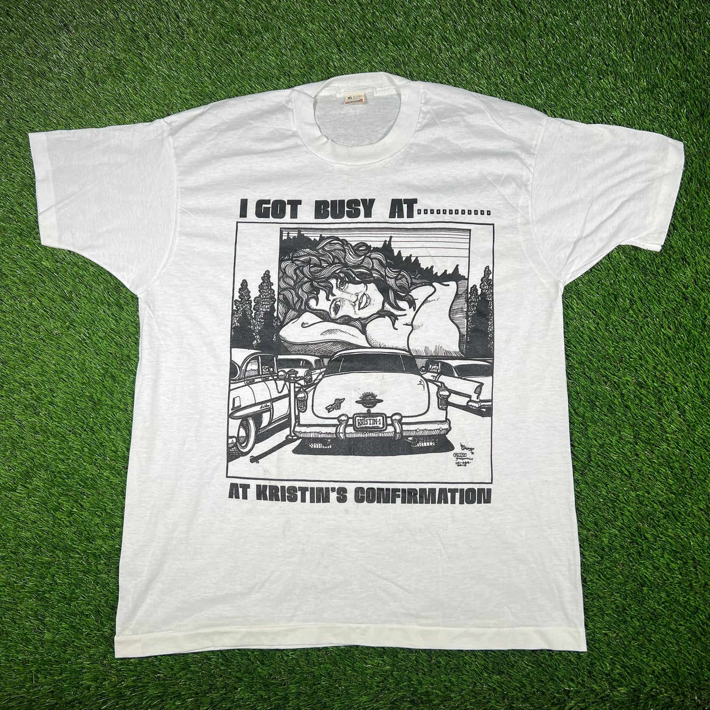 1990s White "I Got Busy At...At Kristin's Confirmation" Tee Size XL USED v16921