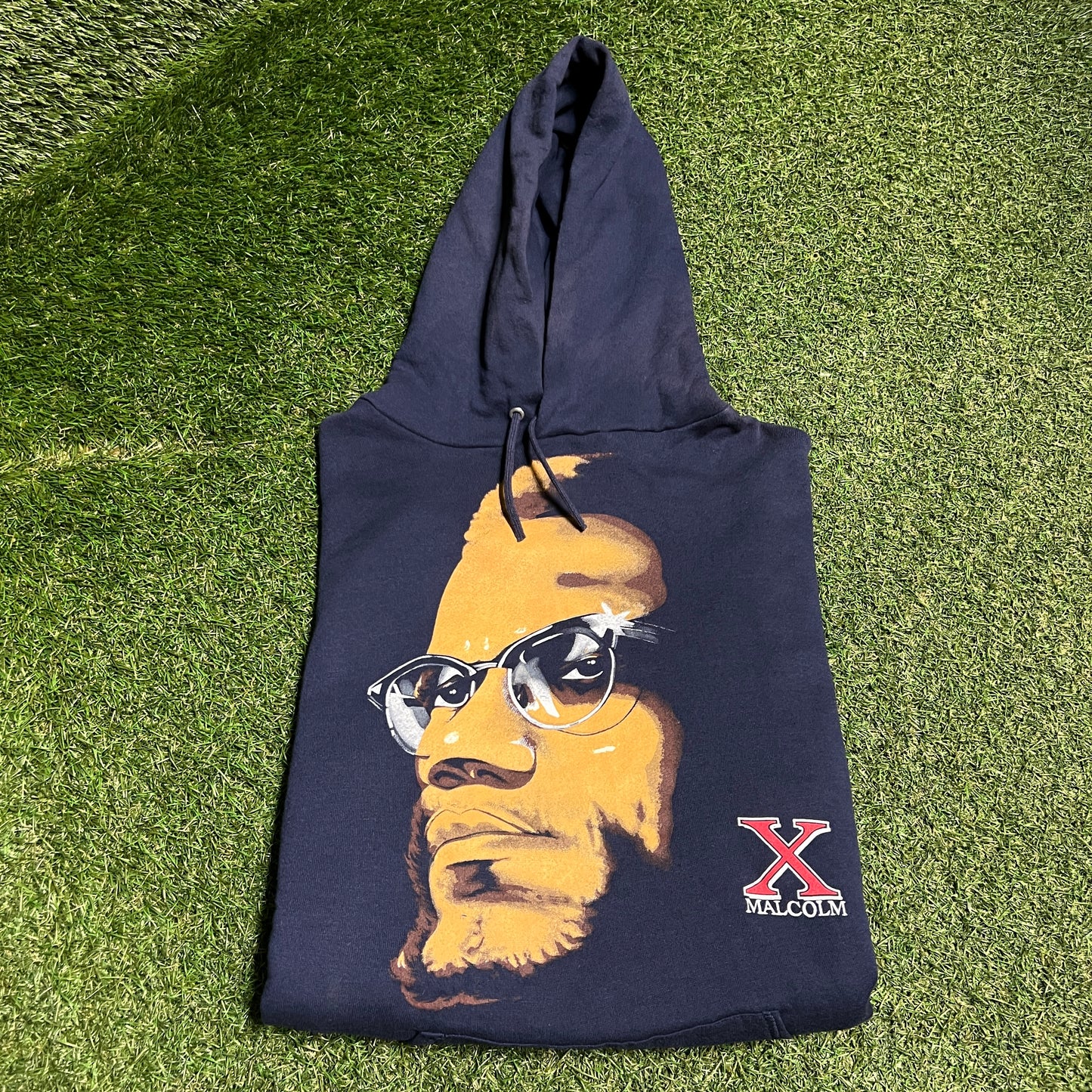 1990s Malcolm X Portrait Print Navy Blue Hoodie Size XL USED v16427