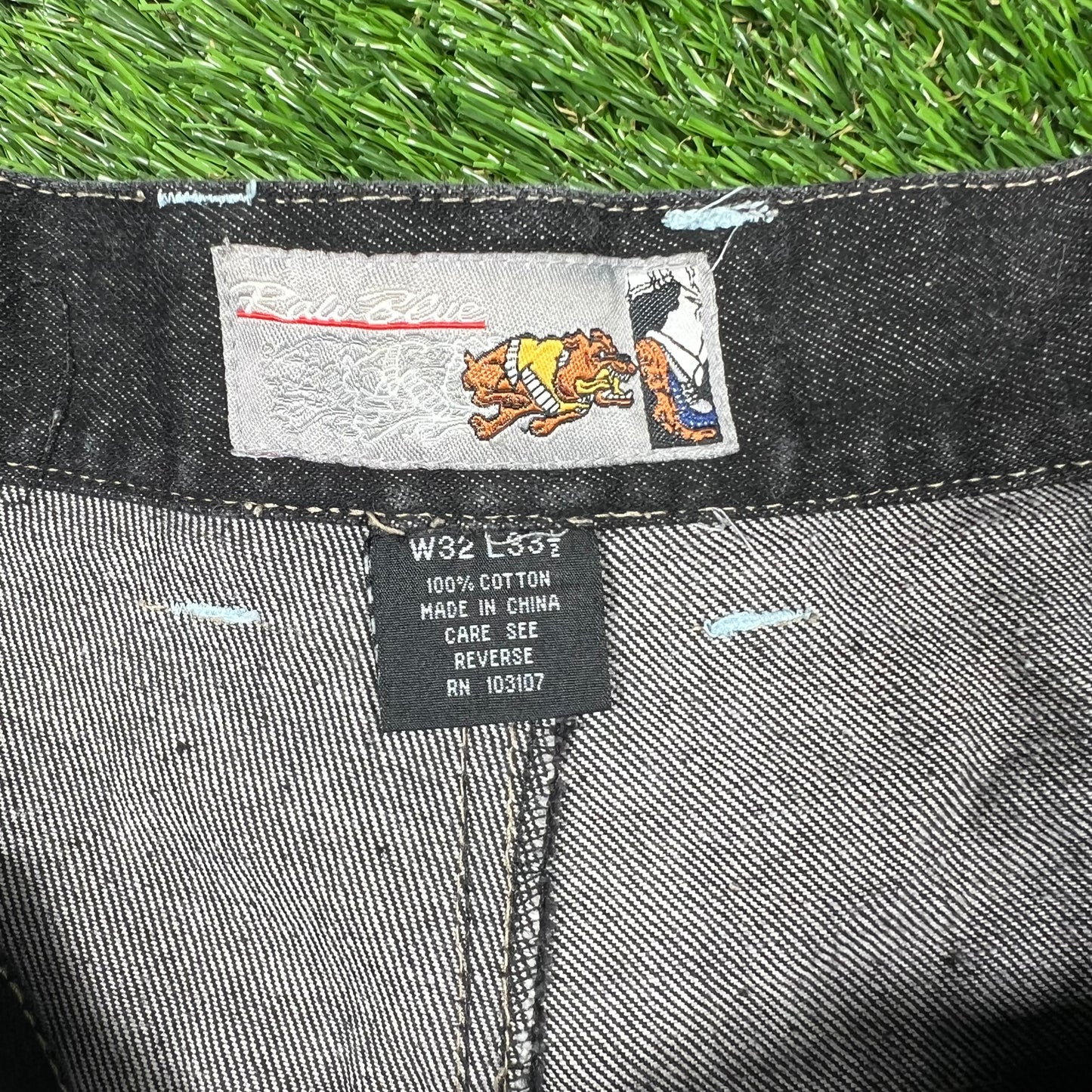 Y2K Raw Blue Embroidered Patch Black Jeans Size 32x33 USED v17022