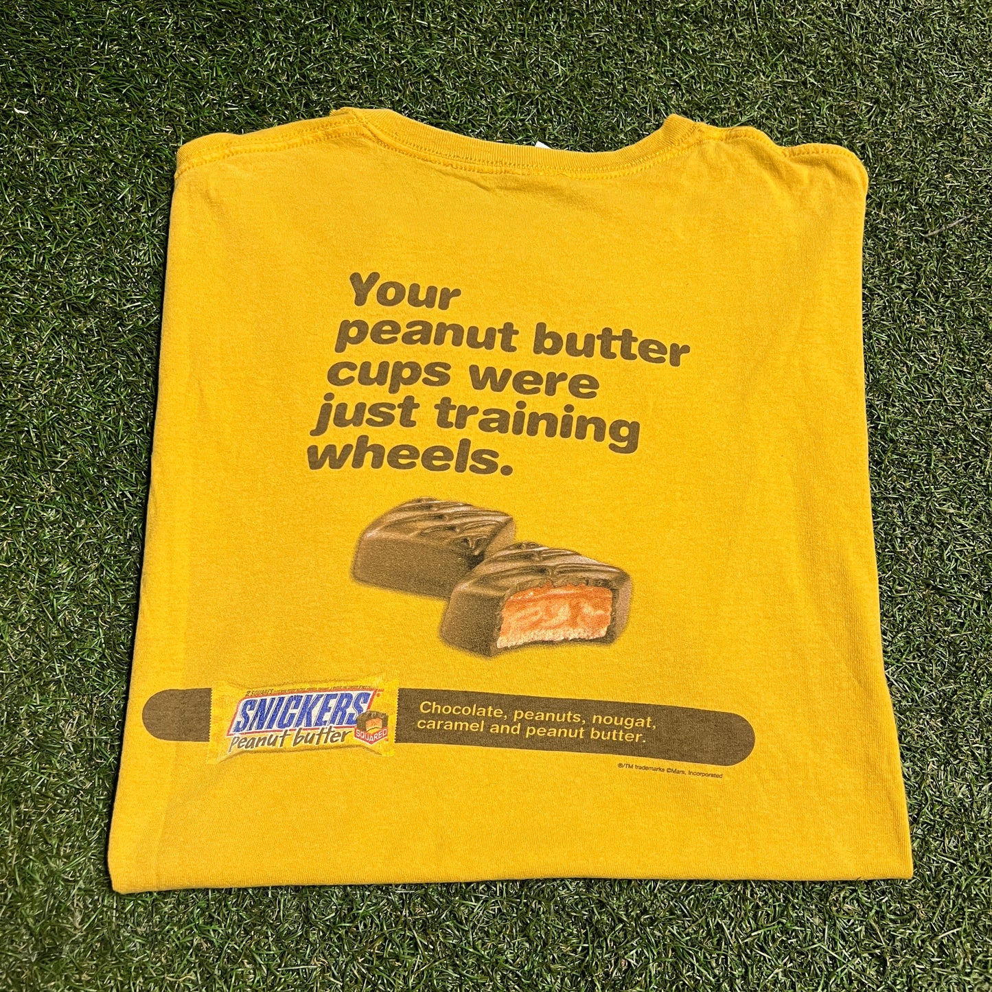 Y2K Snickers Training Wheels Yellow Tee Size XL USED v16584