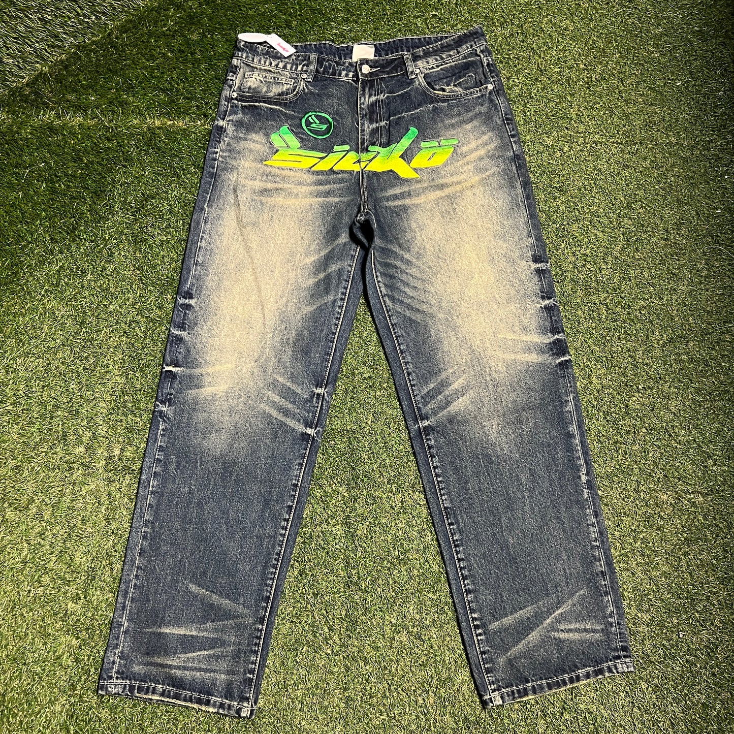 Sicko Front Embroidery Acid Washed Blue Jeans Size 36 NEW x14007