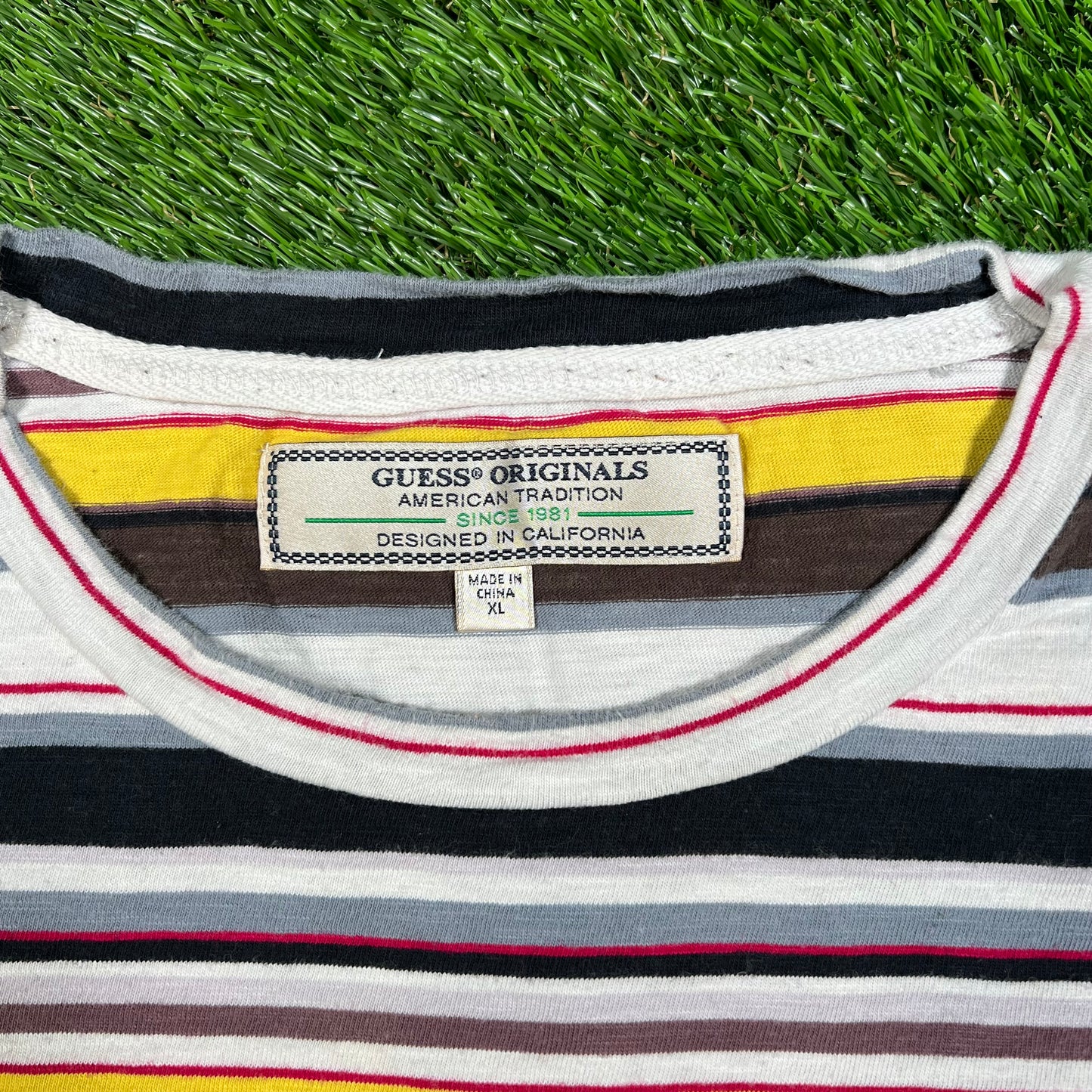Guess LA Multi Color Yellow/Brown Stripe Tee Size XL USED v16680