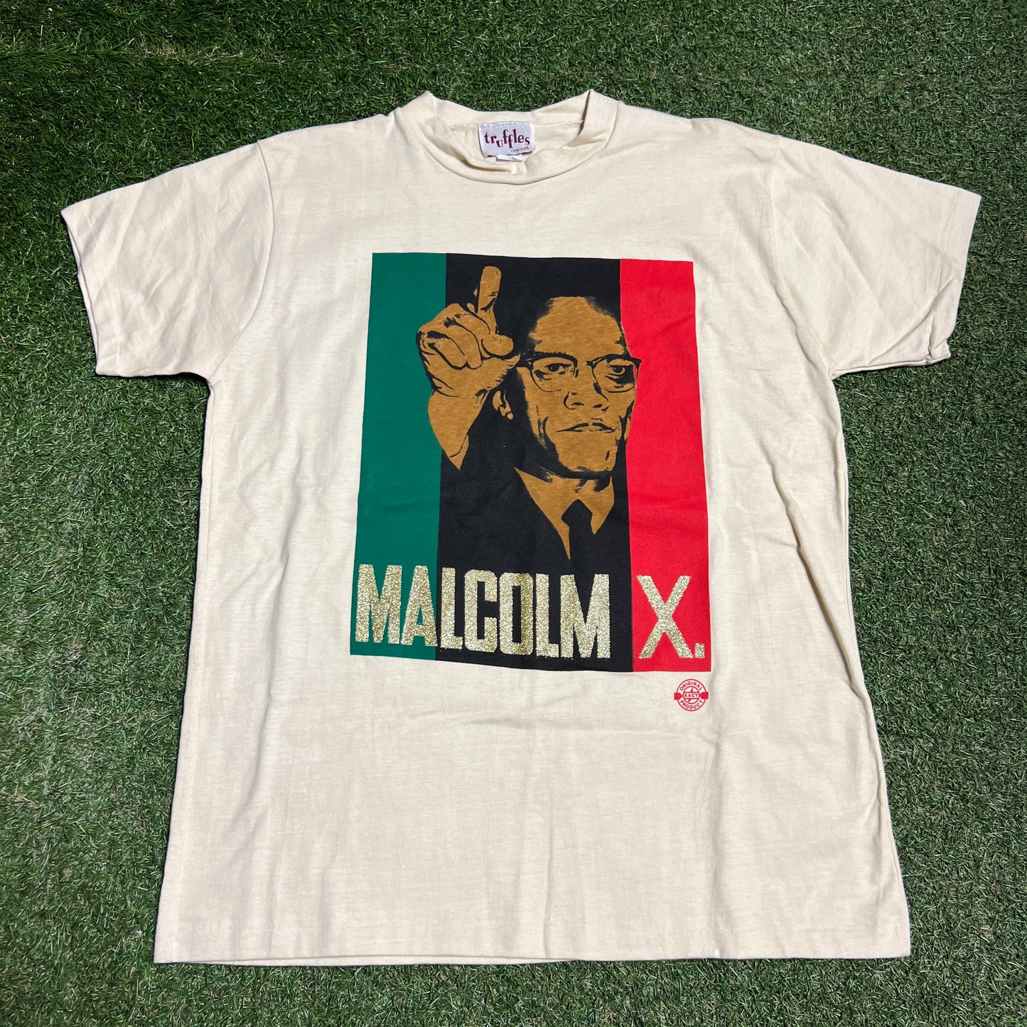 1990s Malcolm X Glitter Font Cream Tee Size Large USED v16402
