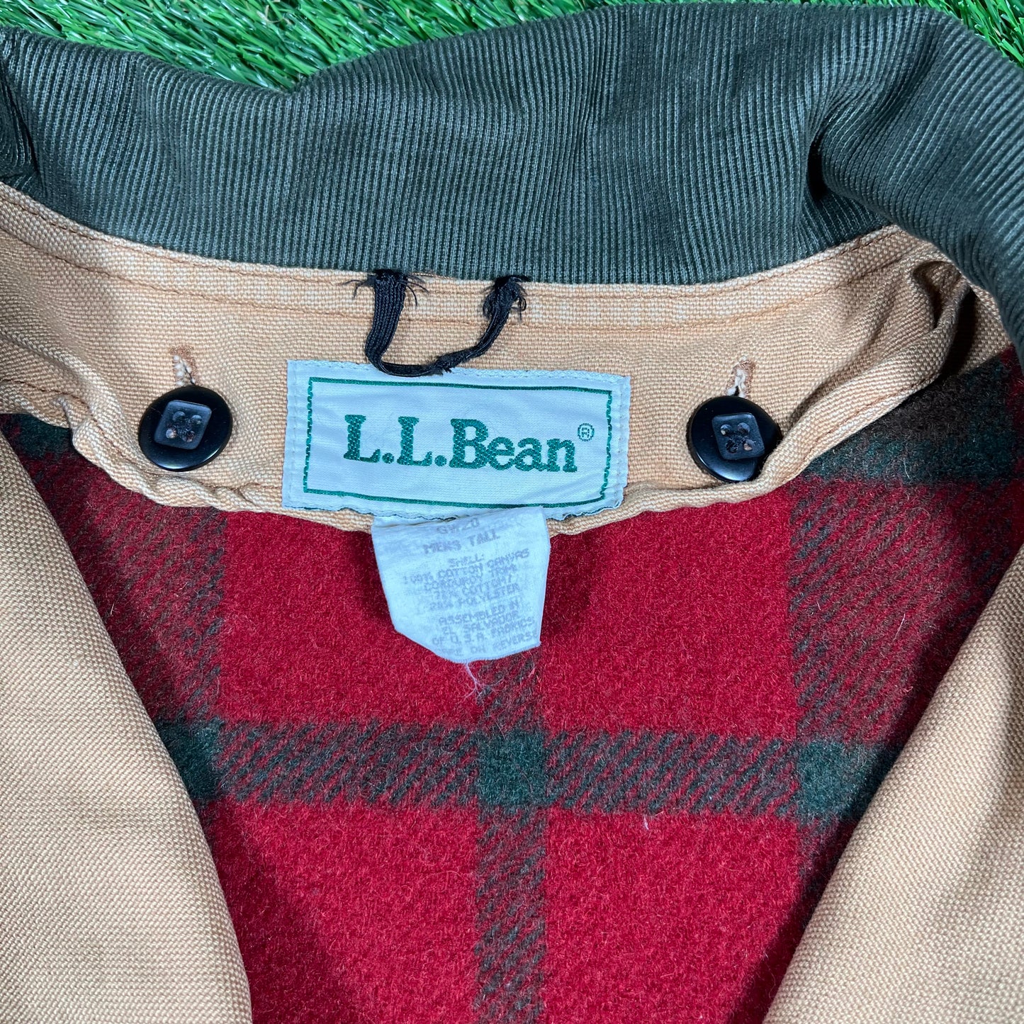 1990s LL Bean Beige Corduroy Button Green Collar Up Jacket Size Large USED v9392