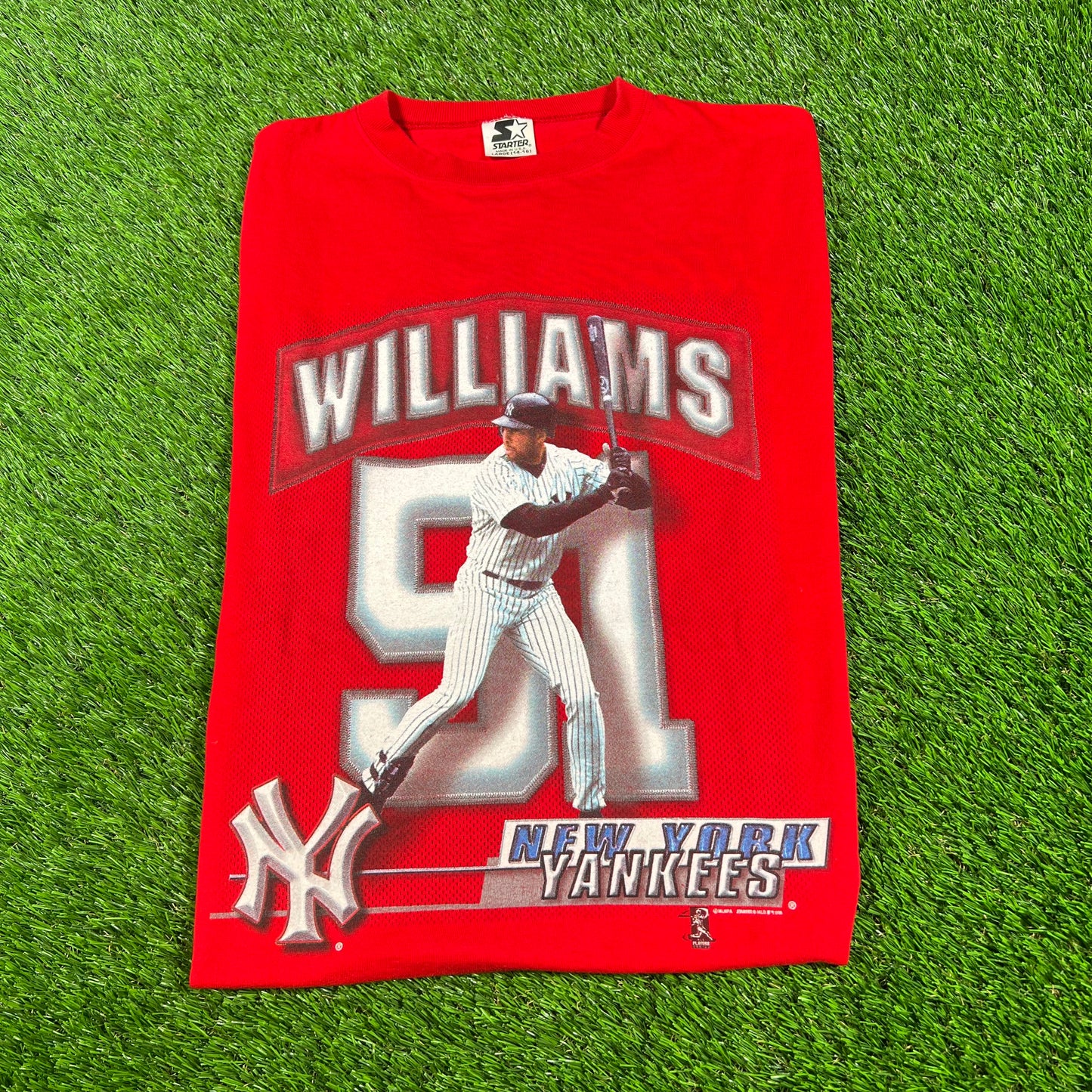 1998 New York Yankees Bernie Williams Starter Red Tee Size Medium USED v16694