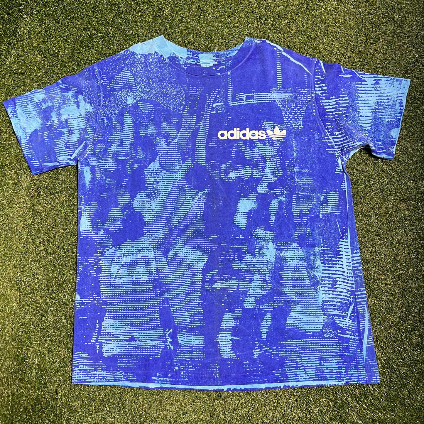 1990s Adidas Puff Print AOP Blue Tee Size XL USED v16074