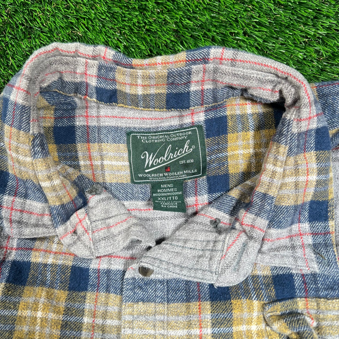 Y2K WoolRich Grey/Yellow Button Up Flannel Size XXL USED v18597