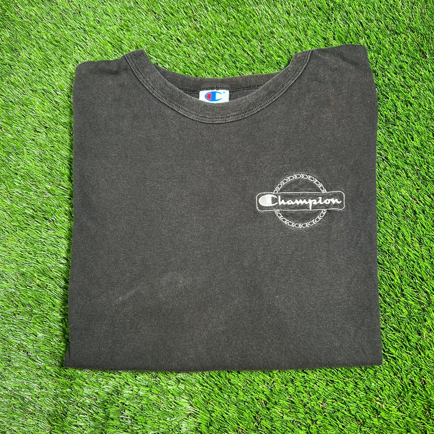Y2K Champion Left corner Logo Black Tee Size XXL USED V16544