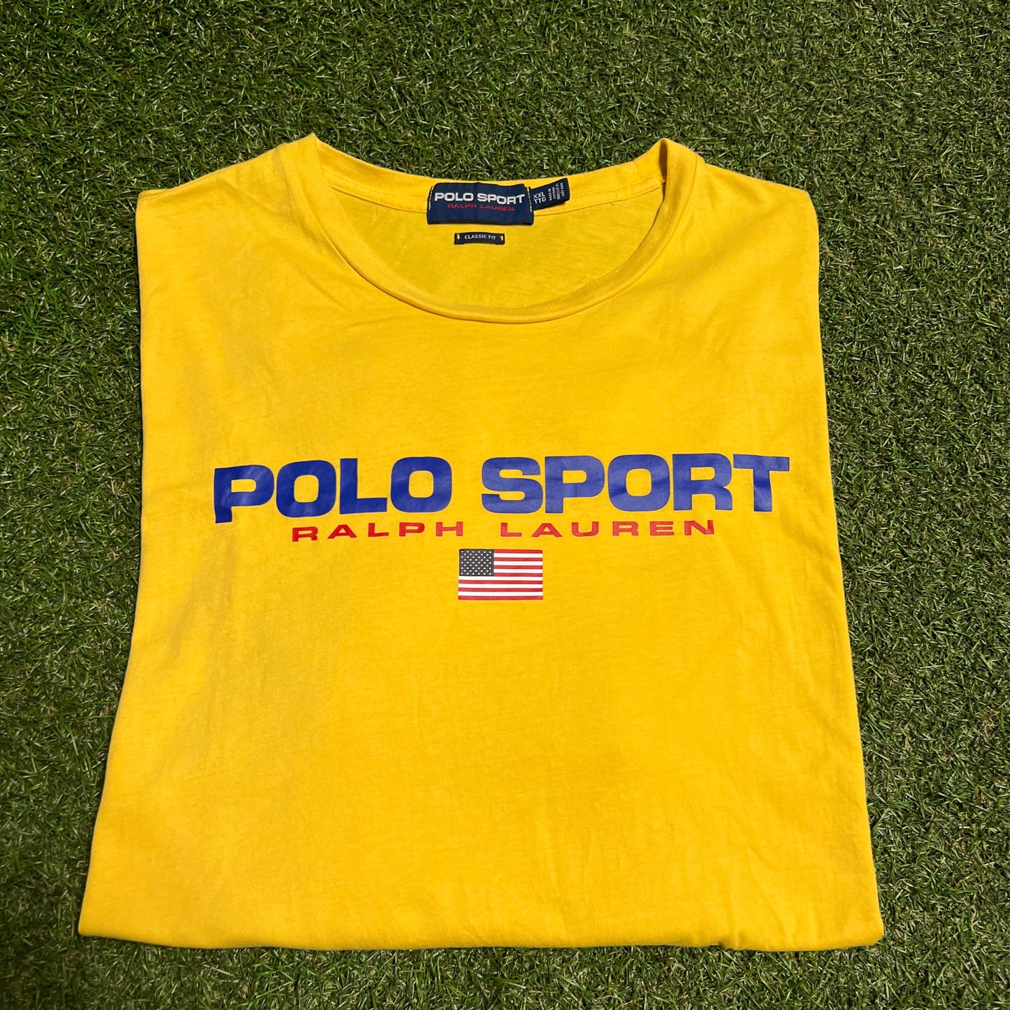 Polo Sport Ralph Lauren Blue Text Yellow Tee Size XXL USED v16376