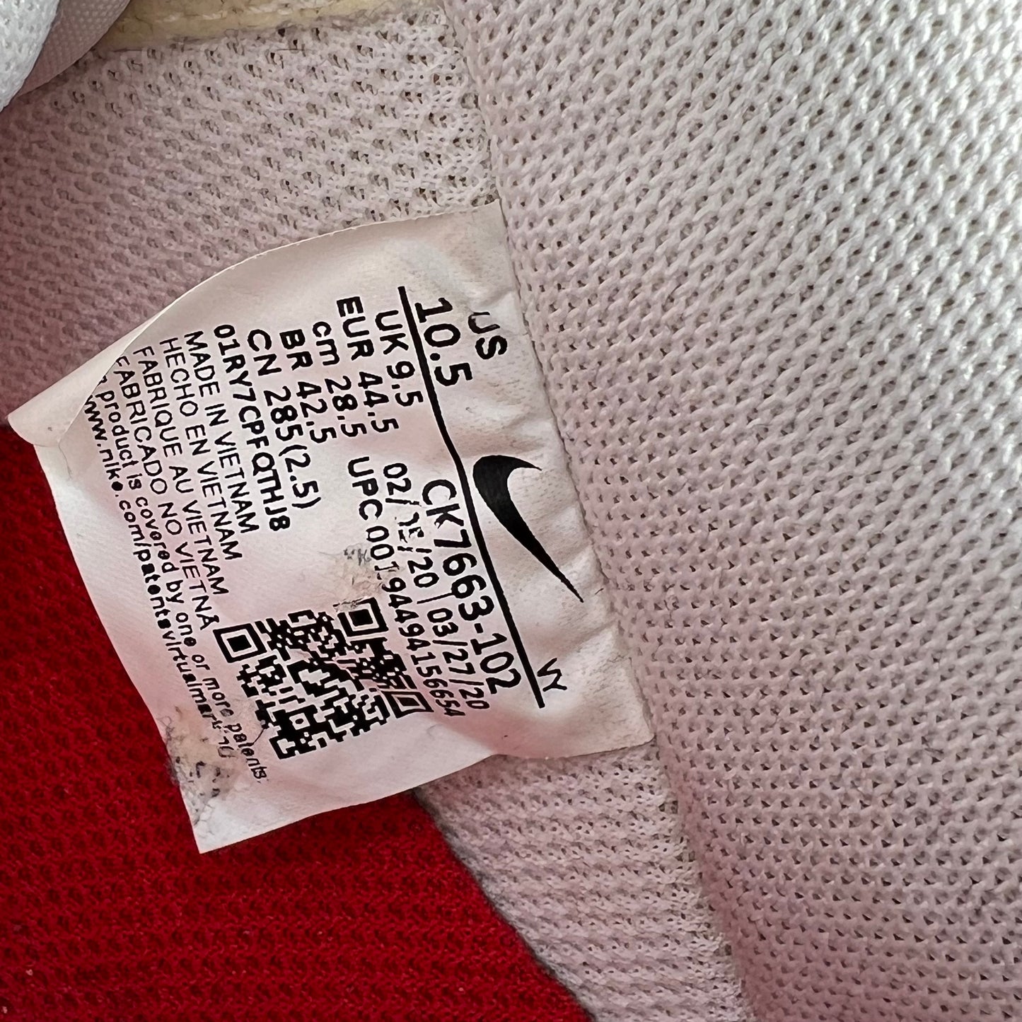 Nike Air Force One 1 White Red Midsole Size 10.5 USED s17429