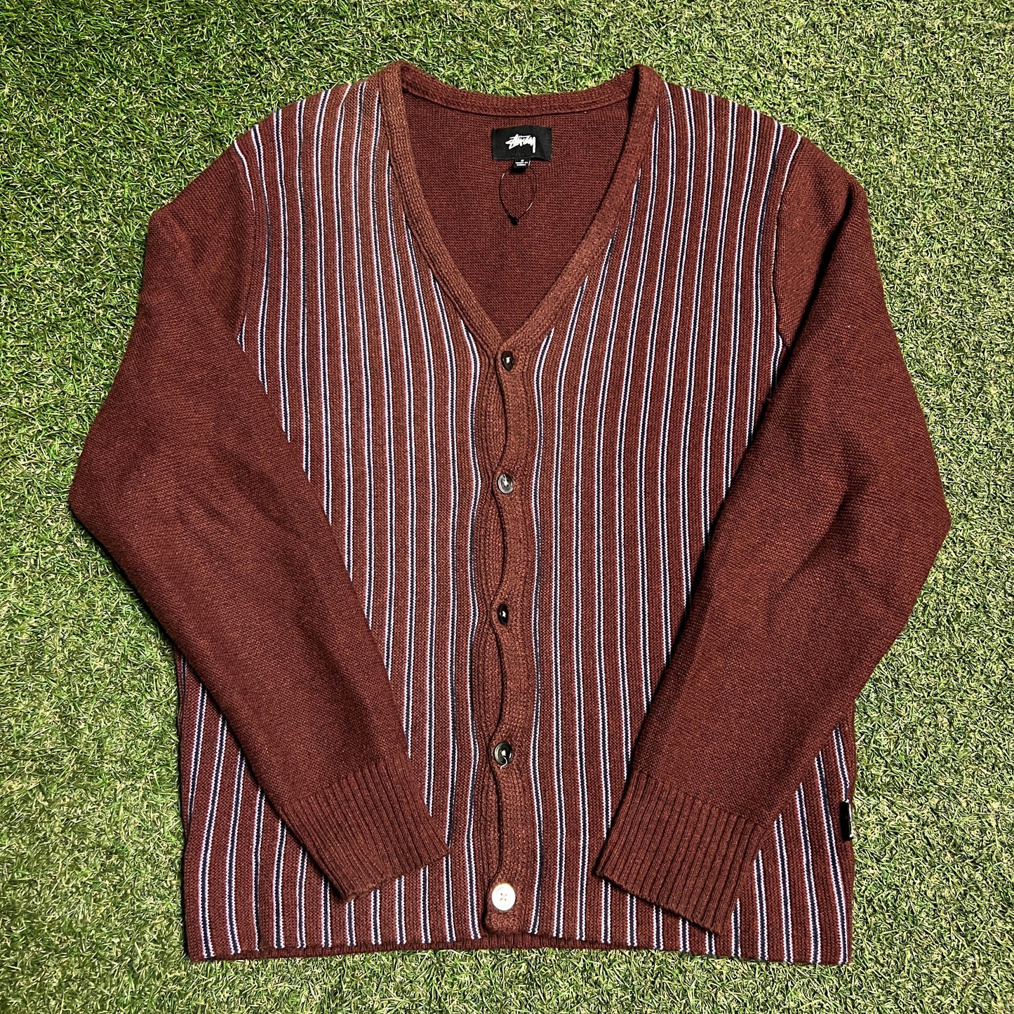 Stussy Brown/Blue Striped Button Up Sweater Size Small USED x13916