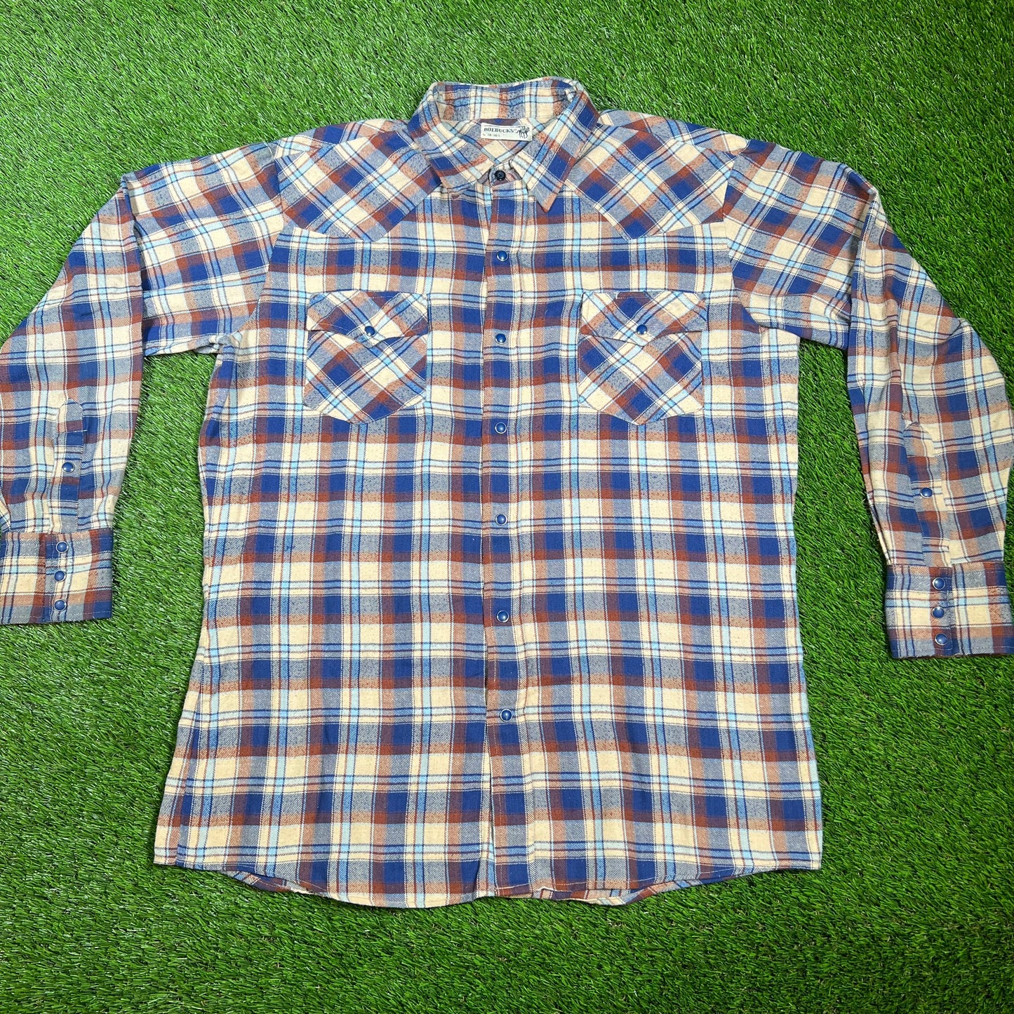 1980s Genuine Roebucks Button Up Blue/Tan Flannel Size Large USED v16532