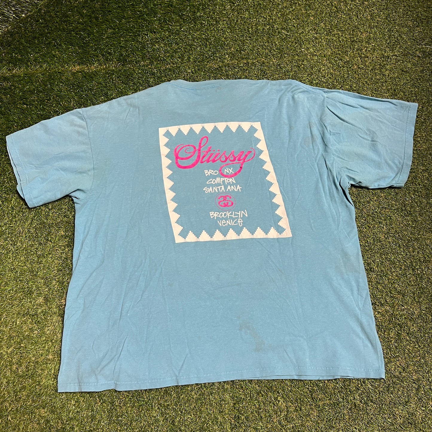 Y2K Stussy Light Blue Tour Tee Size XXL USED x13739