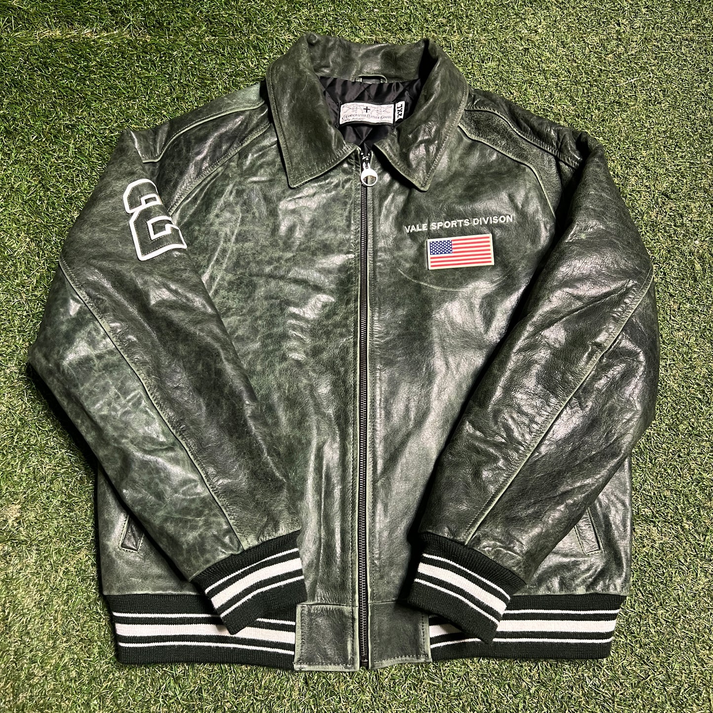 Vale Sports Division Green Leather Varsoty Jacket Size XXL USED x14088