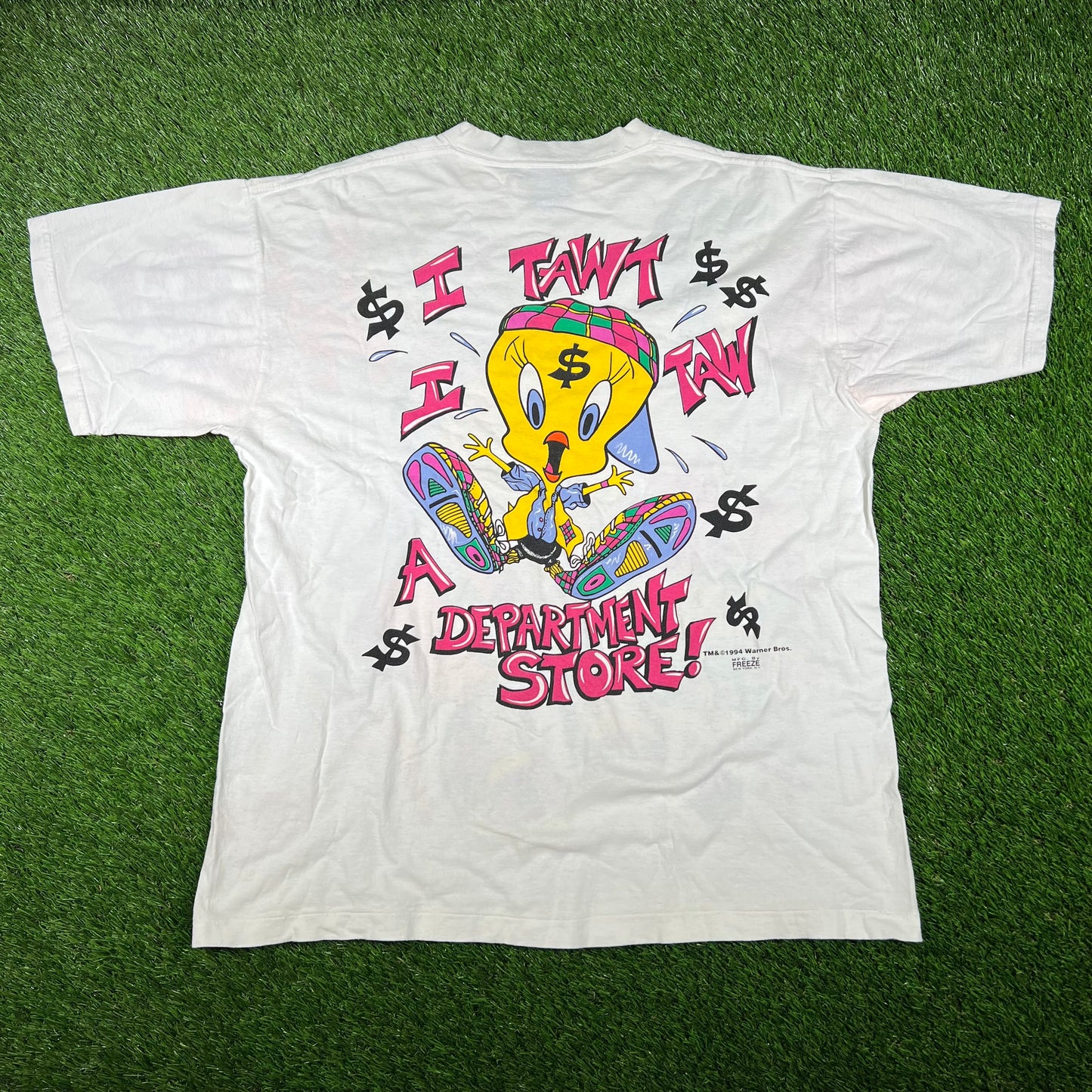1994 Looney Tunes Tweety Bird Shop Drop AOP White Tee Size XL USED v16893