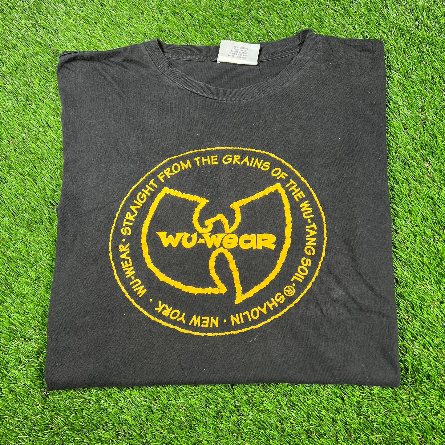 1990s Wu Tang Wu Wear Circle Yellow Logo Black Tee Size Large USED v16964