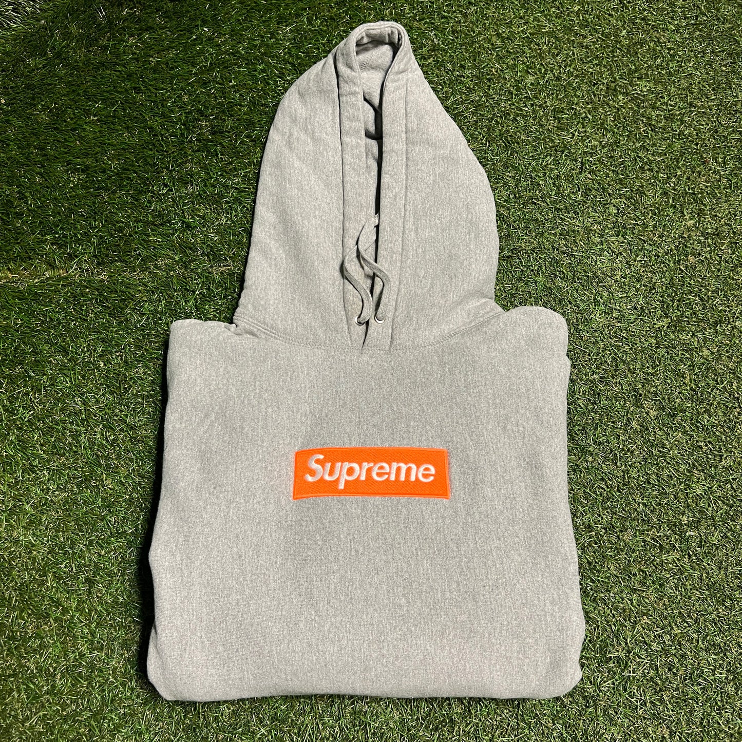 Supreme Box Logo Safety Orange Grey Hoodie Size Medium USED x13580 FW17