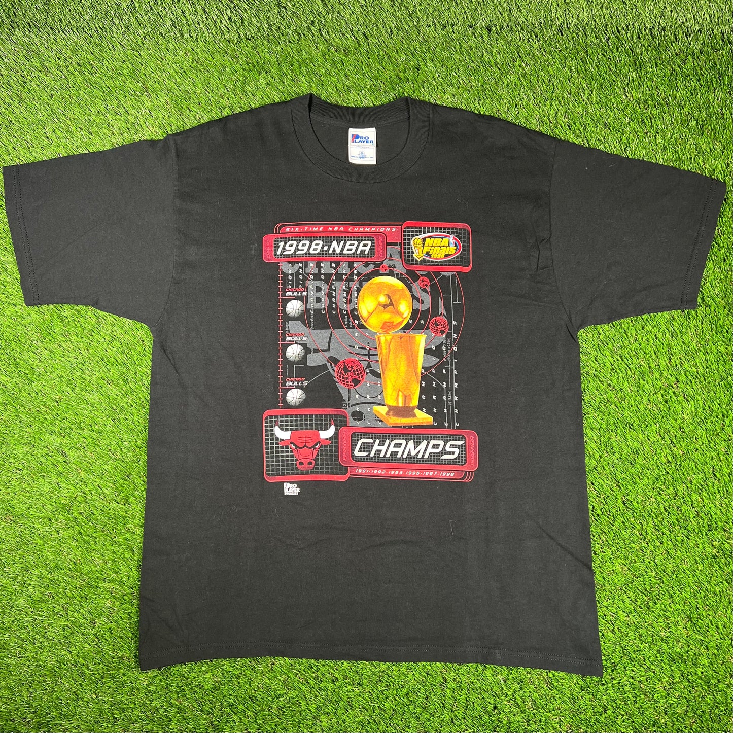 1998 Chicago Bulls NBA Finals Six Time Champs Black Tee Size XL USED v16723
