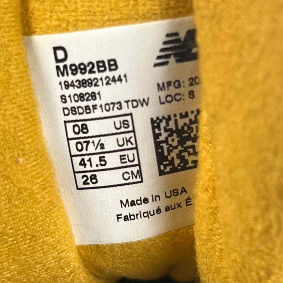 New Balance 992 Yellow Grey (2020) Size 8 USED s23418