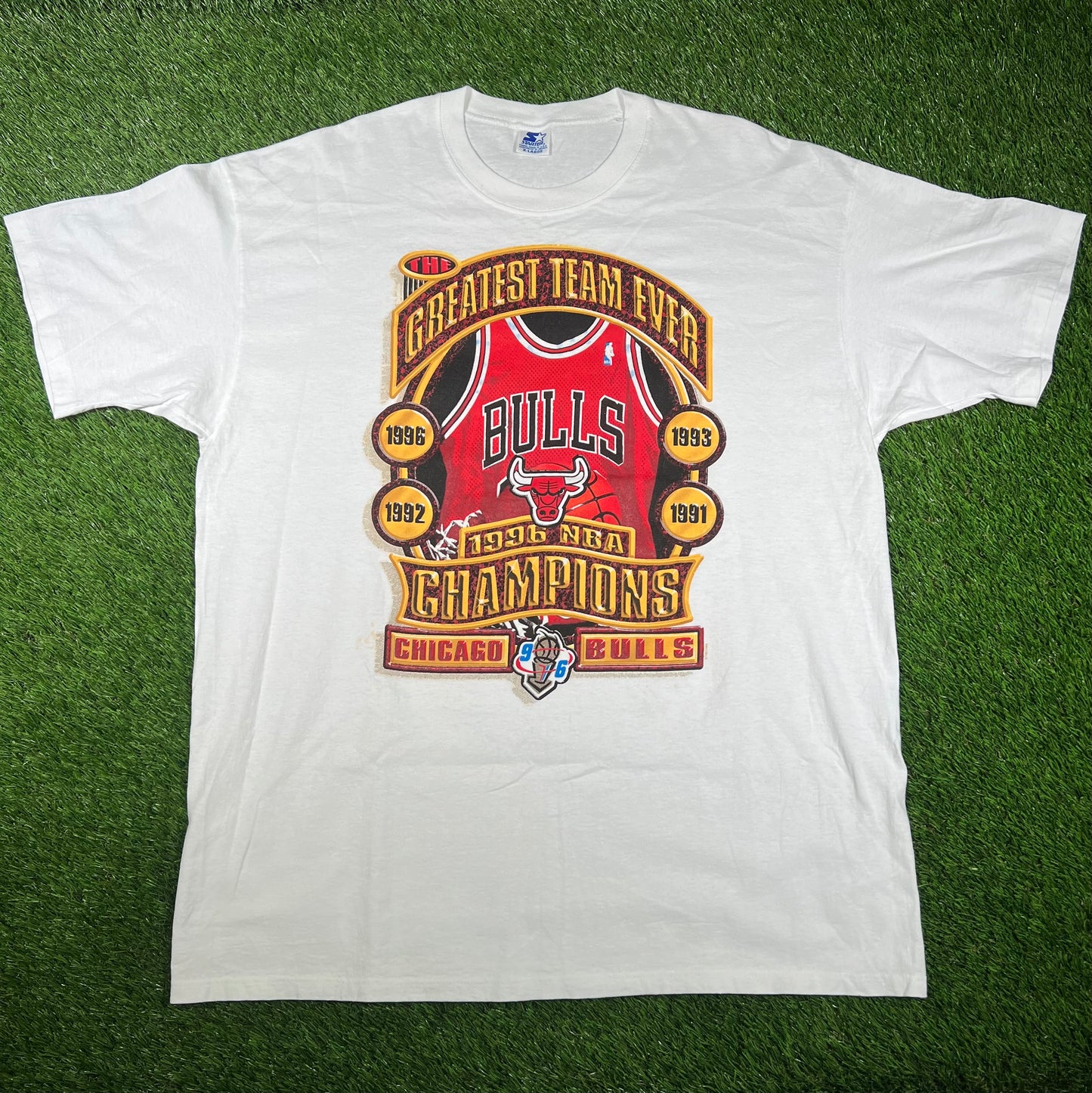 1996 Chicago Bulls Greatest Team Ever Starter Tag White Tee Size XL USED v16743