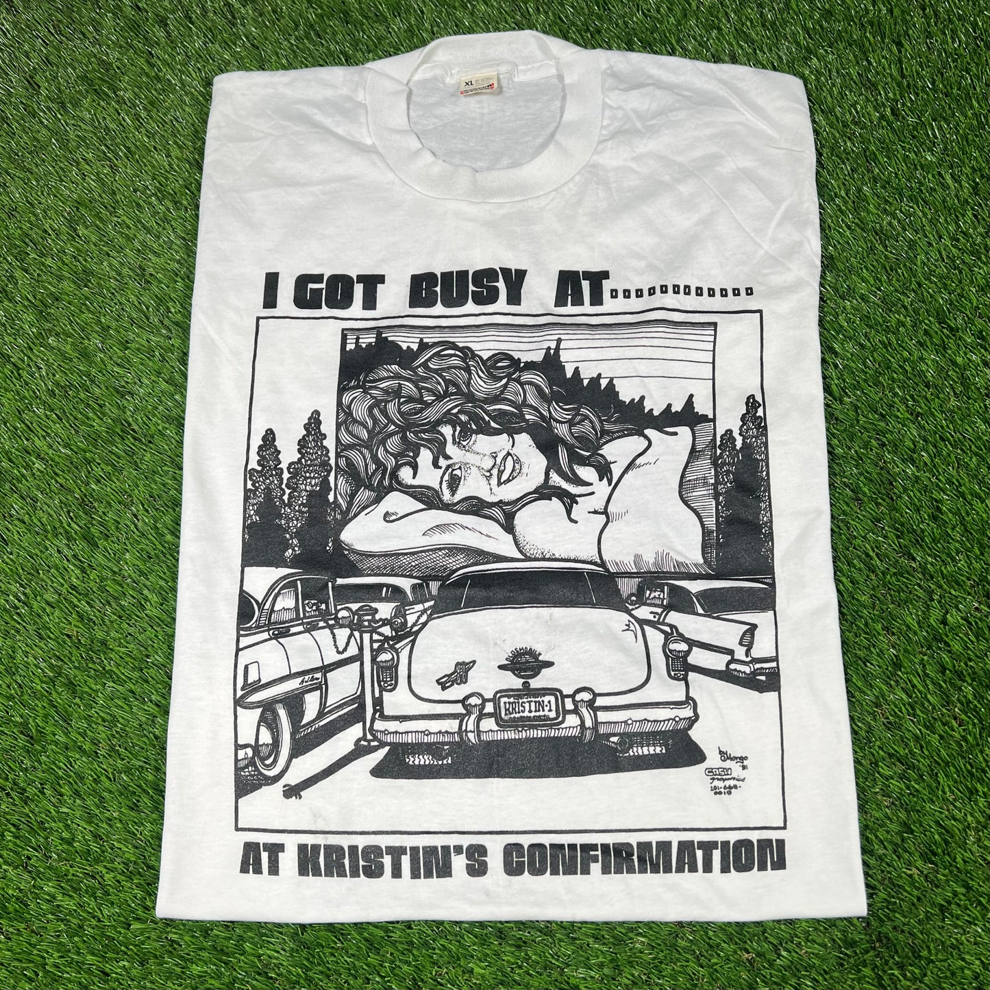 1990s White "I Got Busy At...At Kristin's Confirmation" Tee Size XL USED v16921