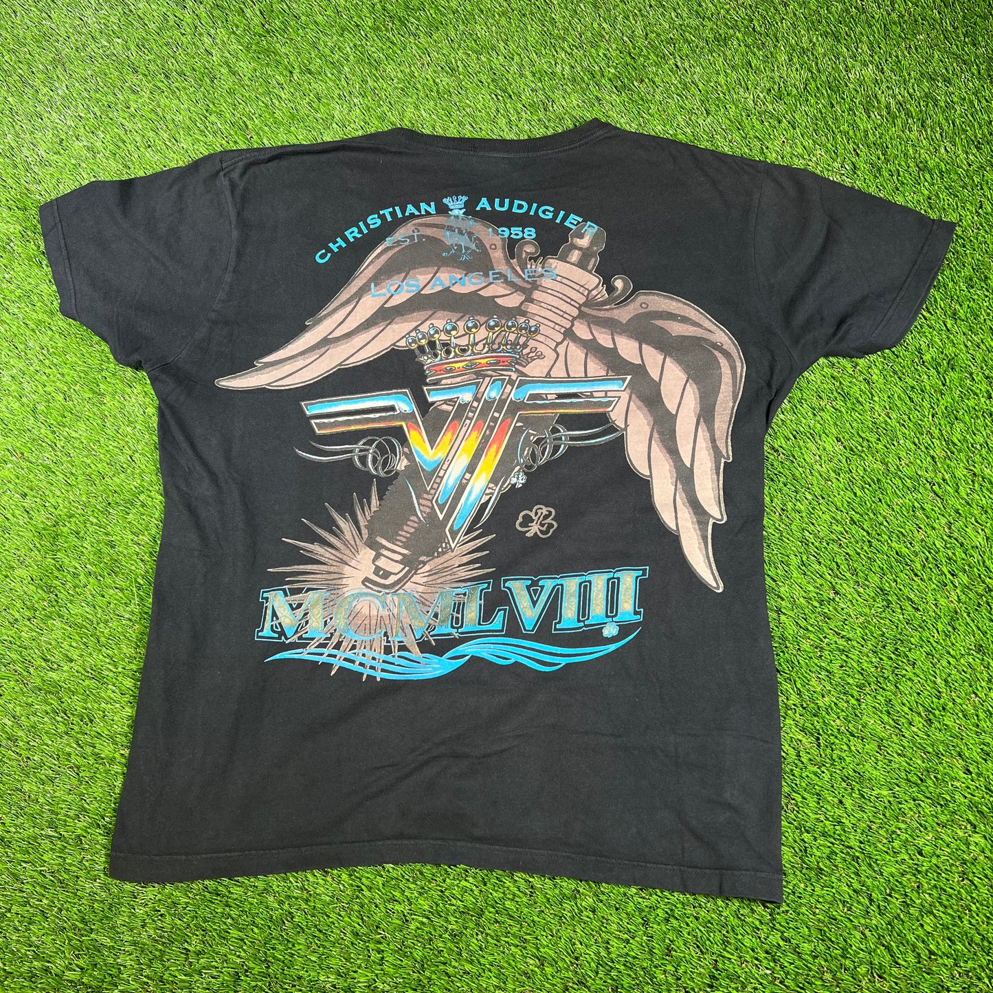 Christian Audigier Daydreamer Rhinestone Black Tee Size XXL USED v16649