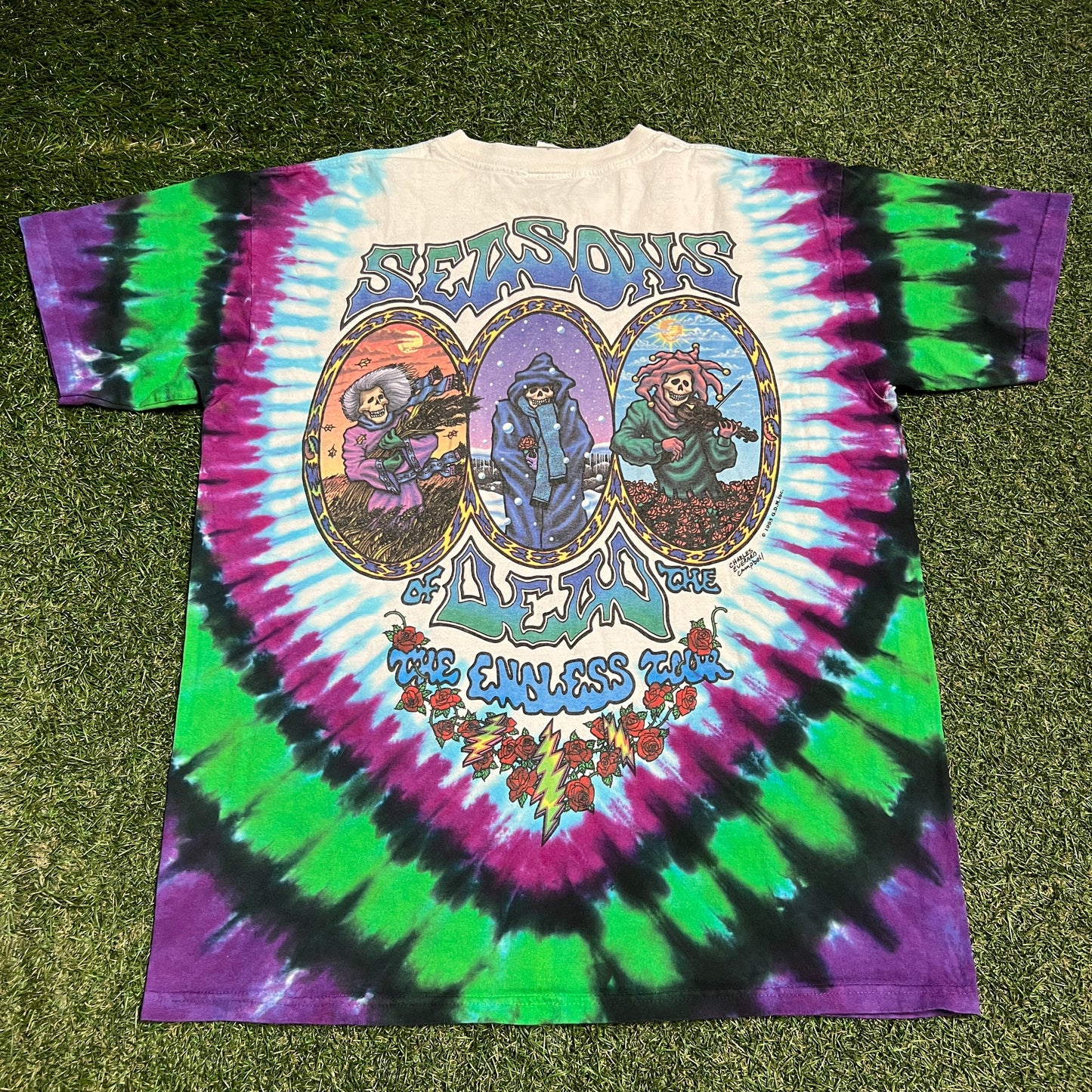 Y2K Grateful Dead 93 Seasons Jestor Tie Dye Tee Size Large USED v16394