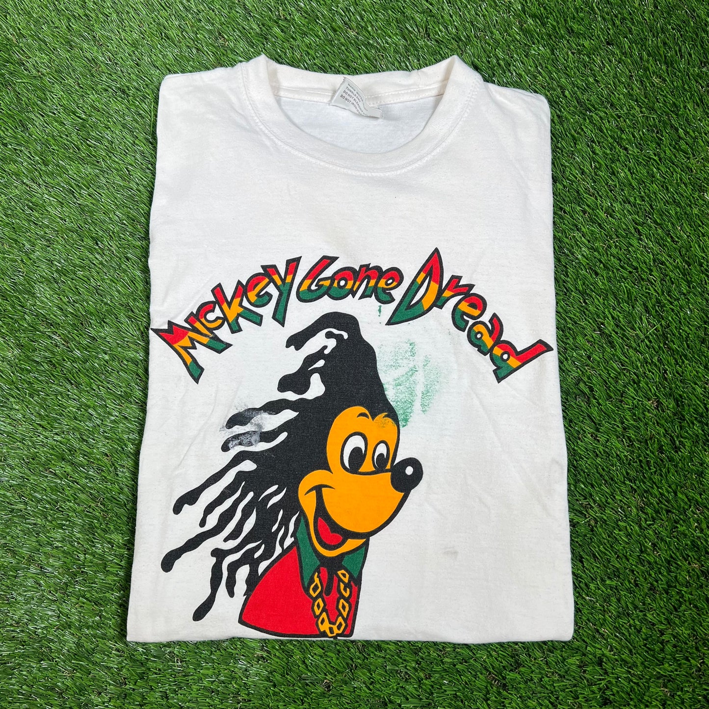 1990s Rasta Mickey Mouse White Tee Size Small v16518