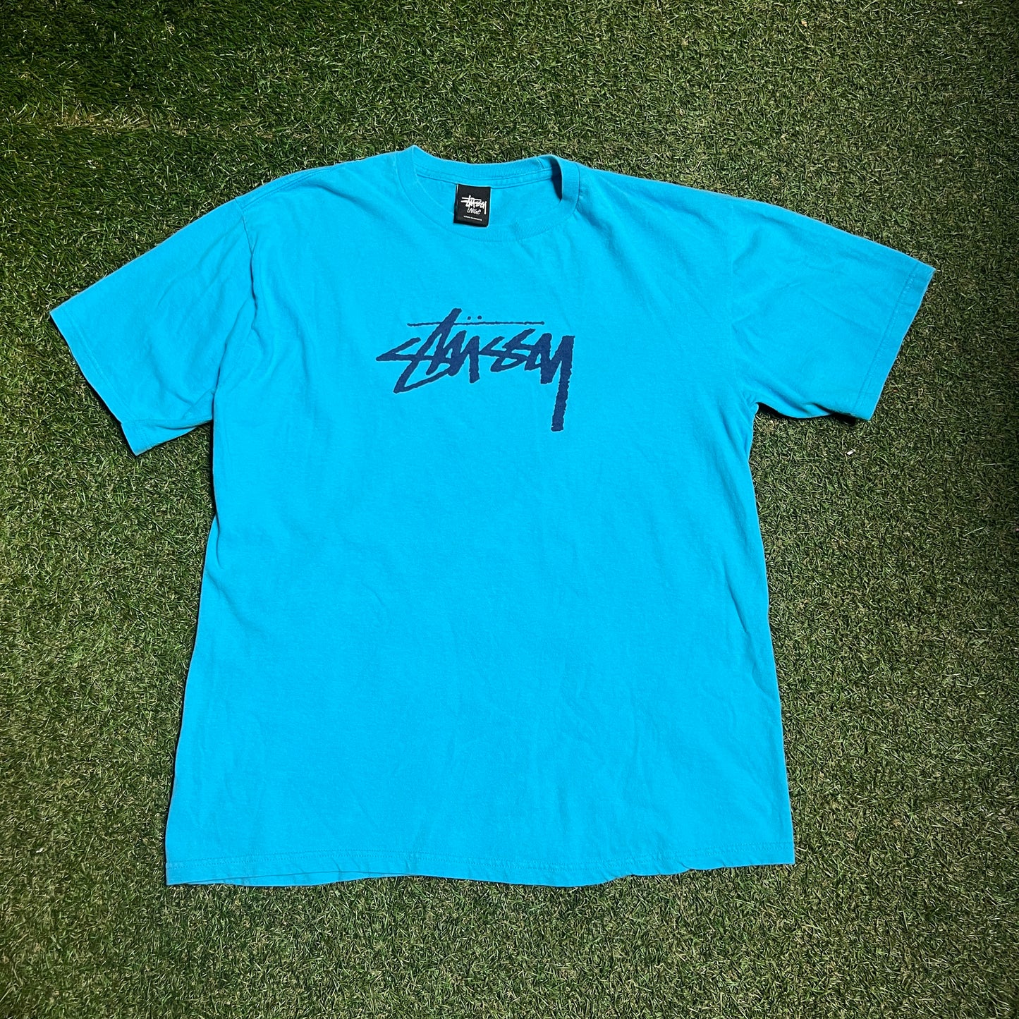 Stussy Center Logo Blue Tee Size Large USED x13307