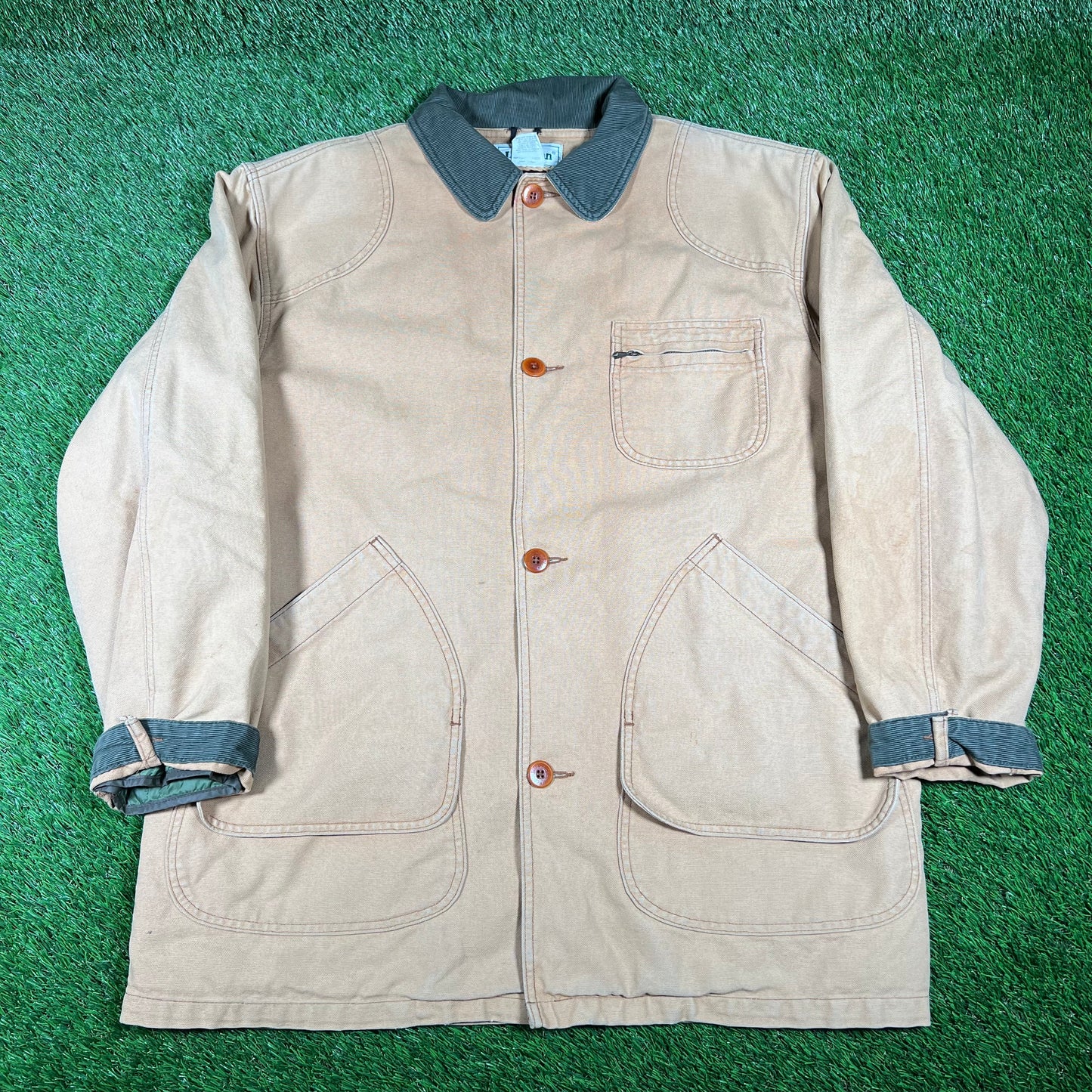 1990s LL Bean Beige Corduroy Button Green Collar Up Jacket Size Large USED v9392