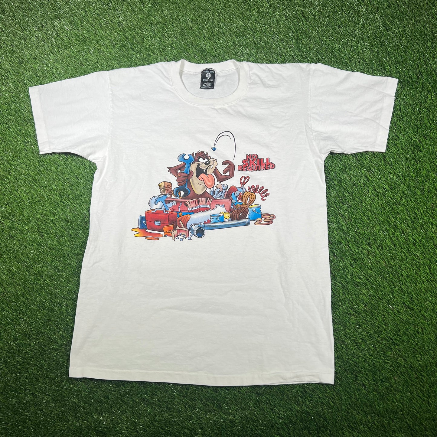 1996 Taz "No Skill Required" White Cartoon Tee Size Large USED v17069