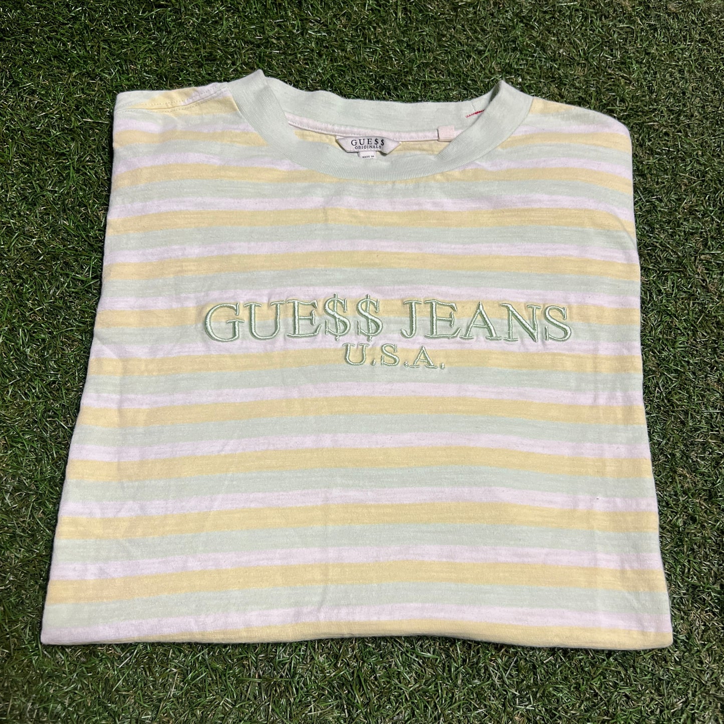 Guess Asap Rocky Yellow/White Stripped Tee Size Medium USED x14129