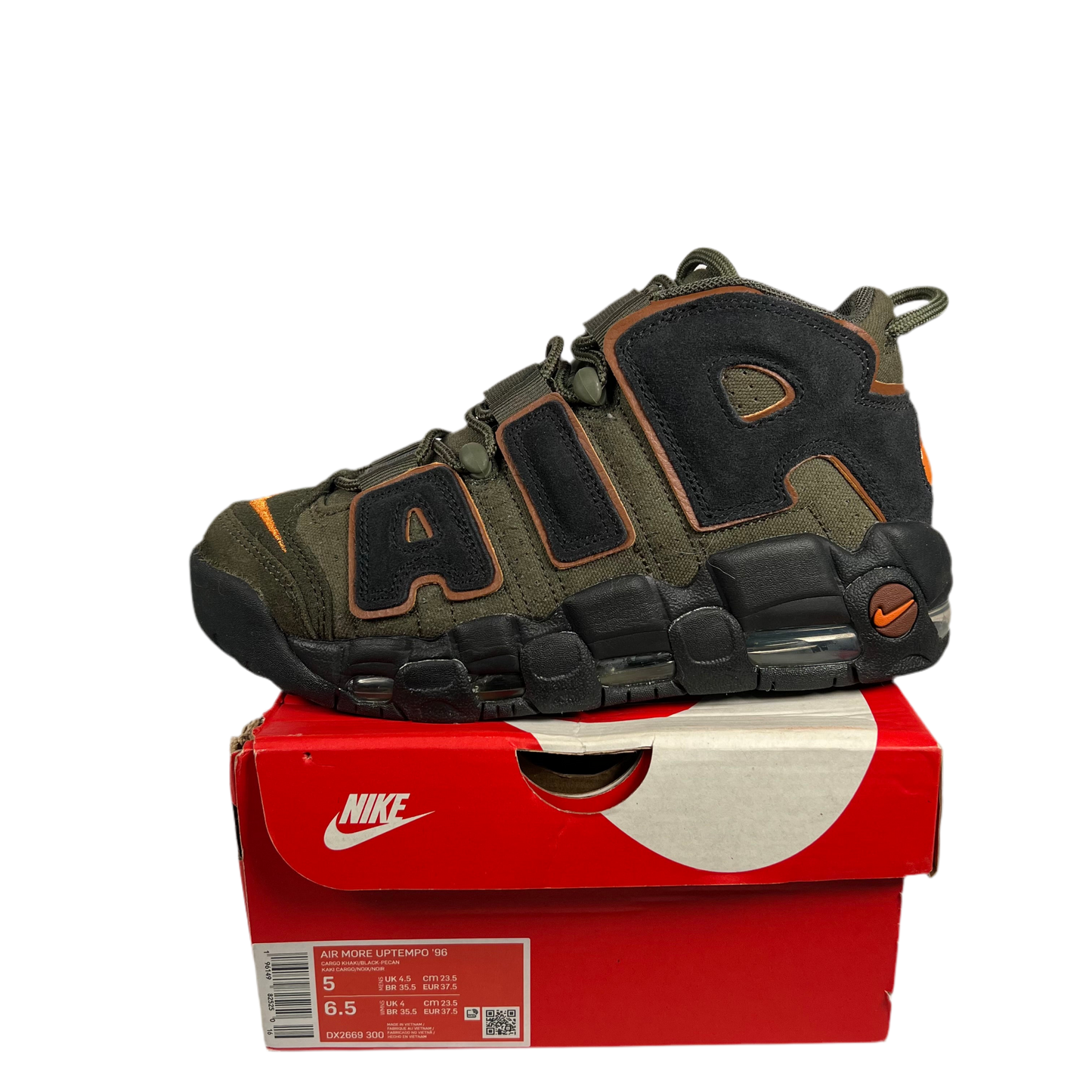 Nike Air More Uptempo 96 Cargo Khaki Alpha Orange (2022) Size 5 USED s17840