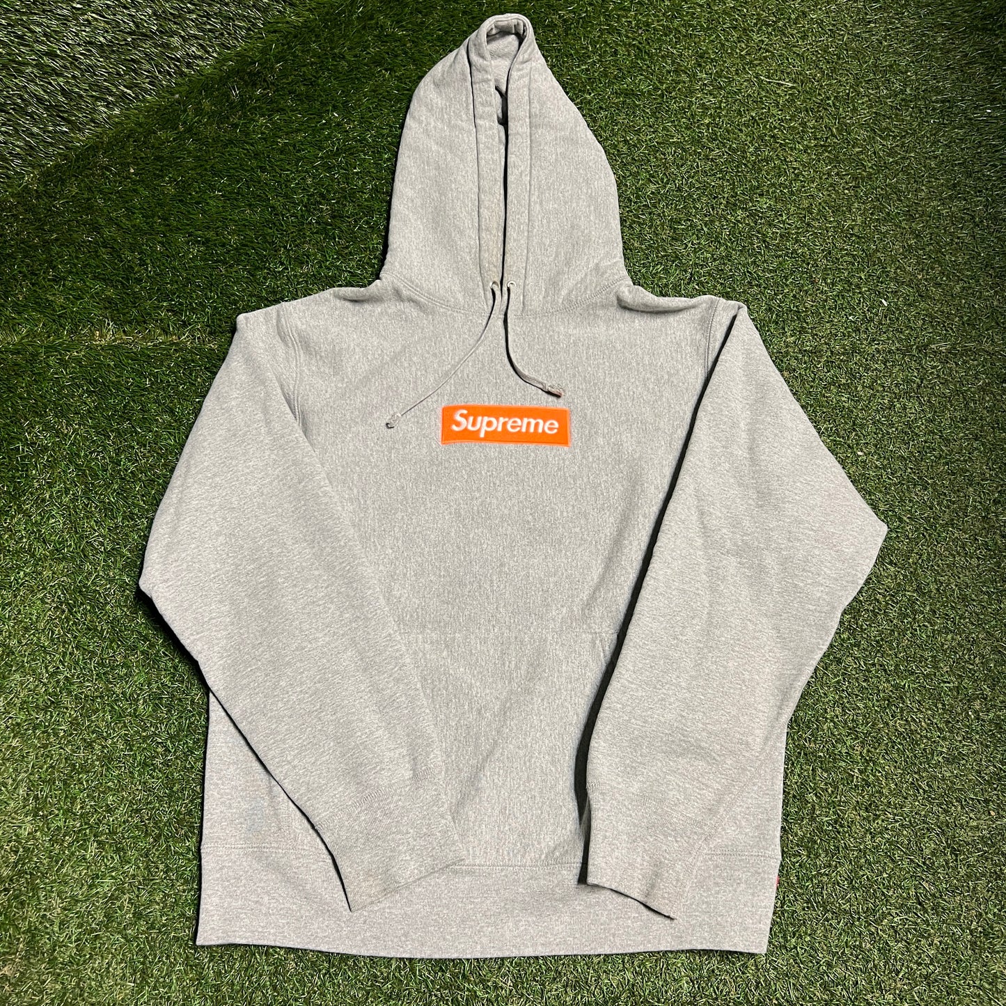 Supreme Box Logo Safety Orange Grey Hoodie Size Medium USED x13580 FW17