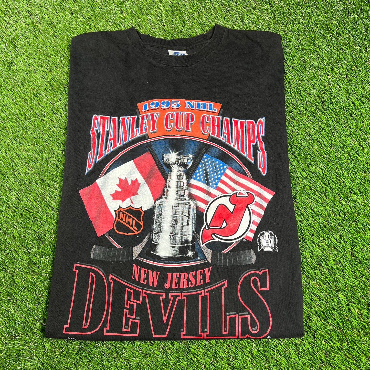 1995 New Jersey Devils Black Stanley Cup Champions Tee Size Large USED v16713