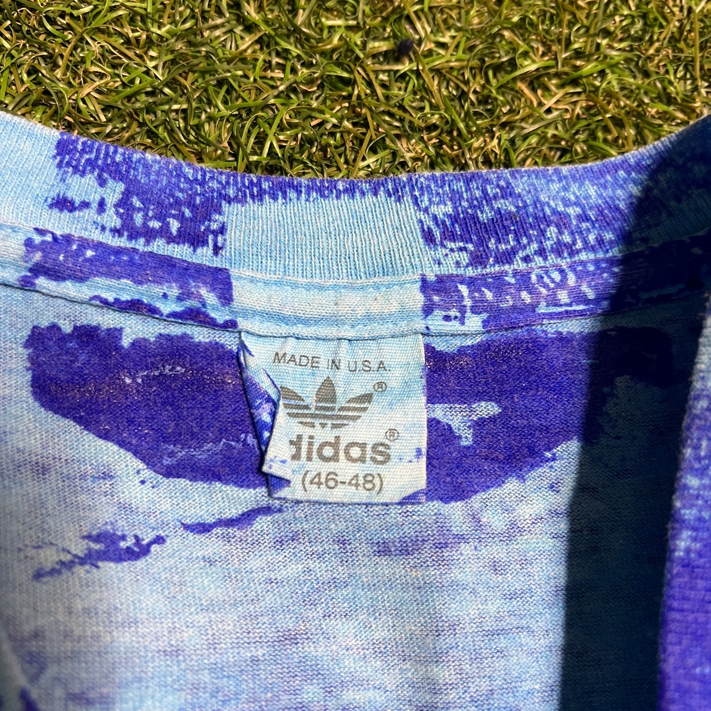 1990s Adidas Puff Print AOP Blue Tee Size XL USED v16074