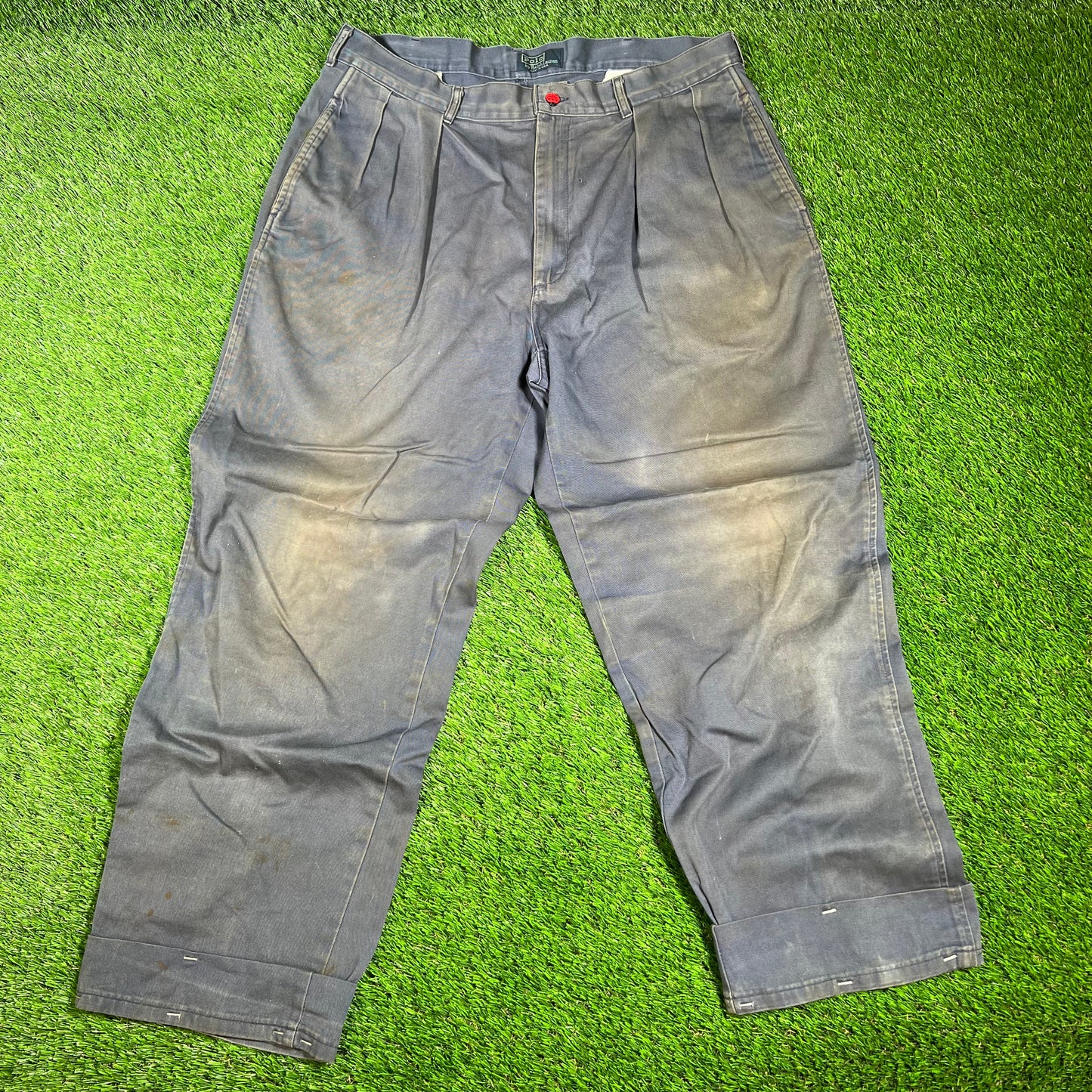 1990s Ralph Lauren Polo Chino Trashed Blue Pants Size 36x34 USED v16533