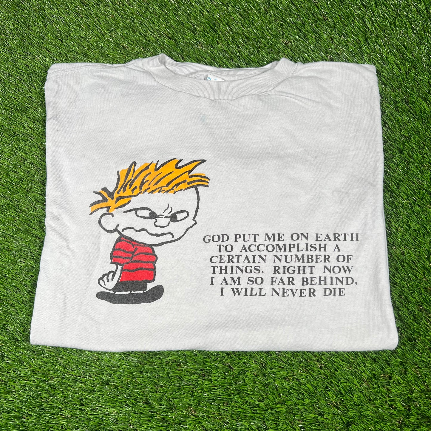 1990s Calvin and Hobbes Light Blue Quote Tee Size Large USED v16522